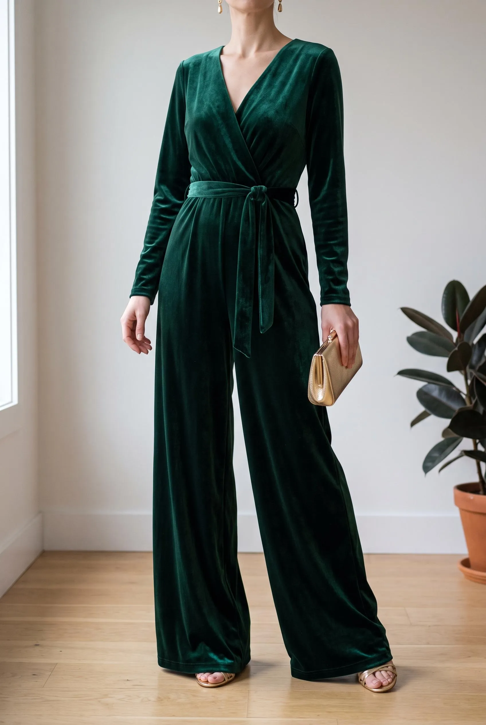 Emerald green velvet wide-leg jumpsuit with gold sandals and a gold clutch