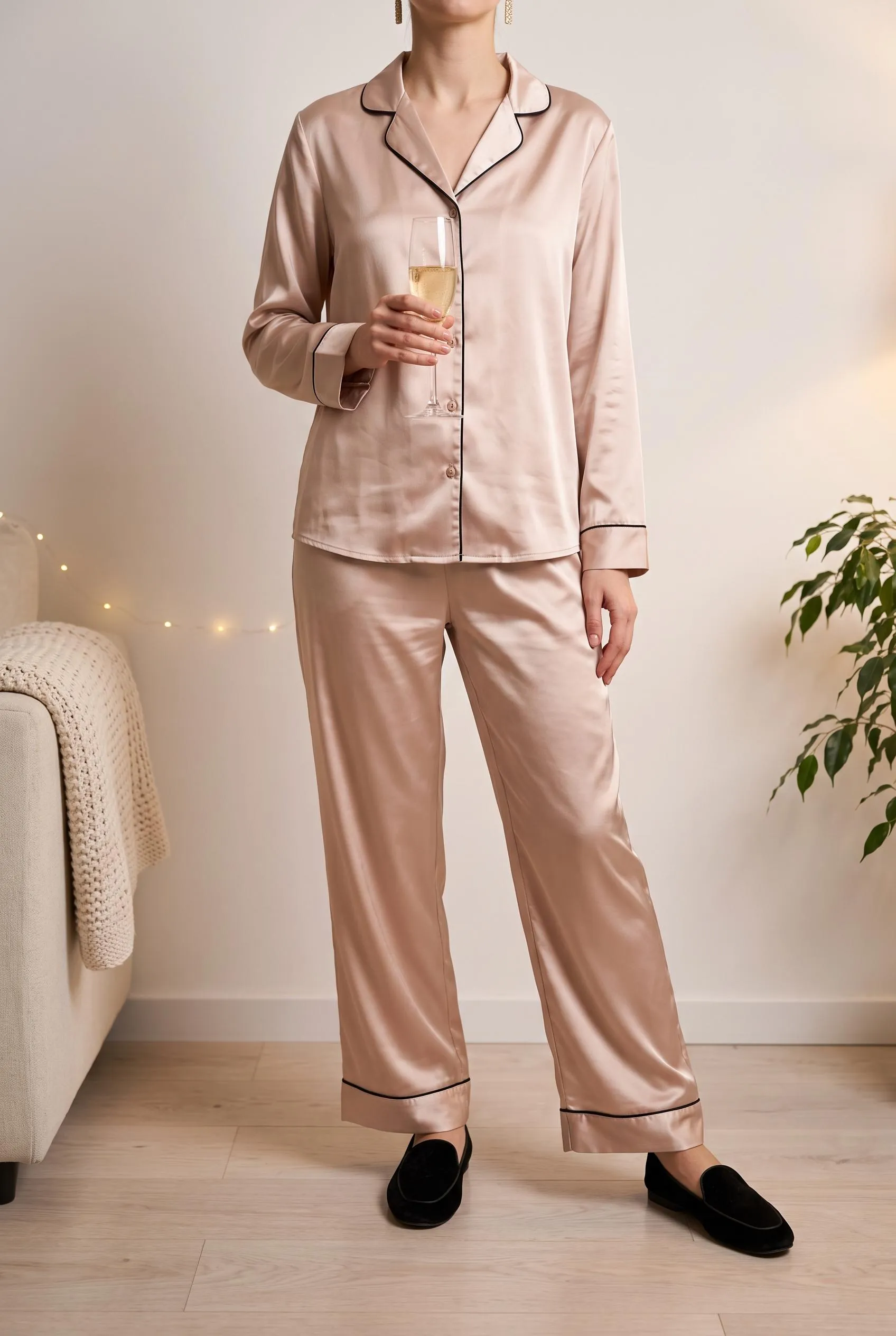 Champagne-pink satin pajama set with black piping and black velvet slippers
