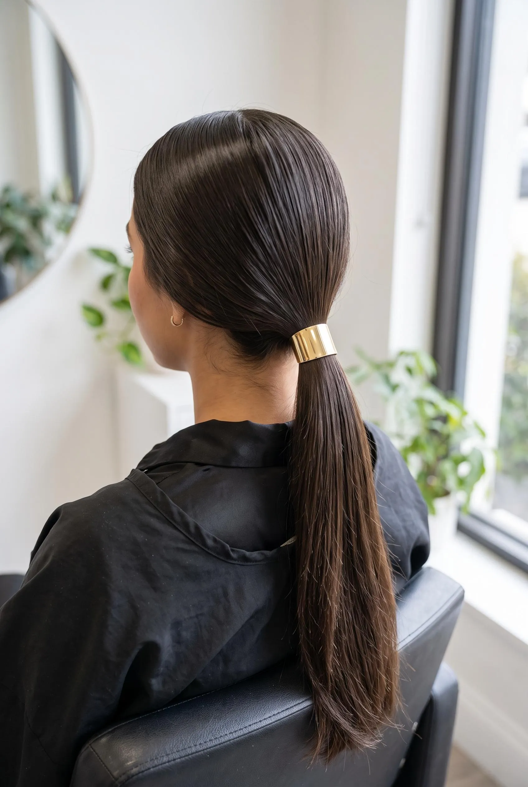 Sleek dark low ponytail with a gold hair cuff under a black salon cape