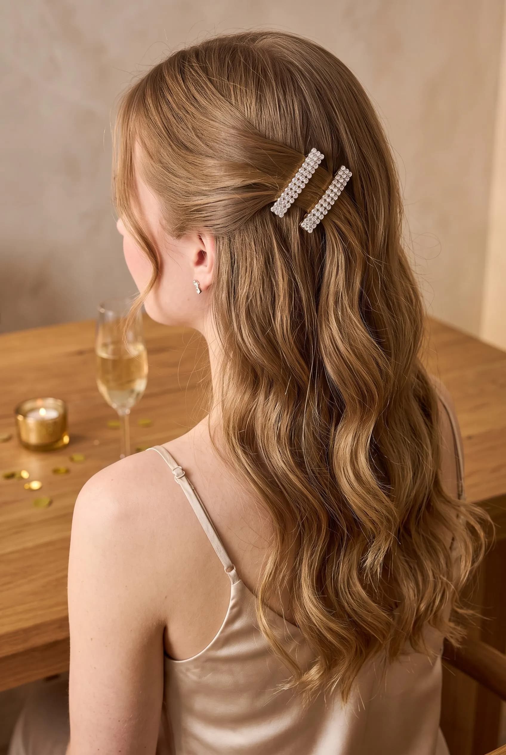 Soft golden-brown waves with the front pinned back by two crystal clips