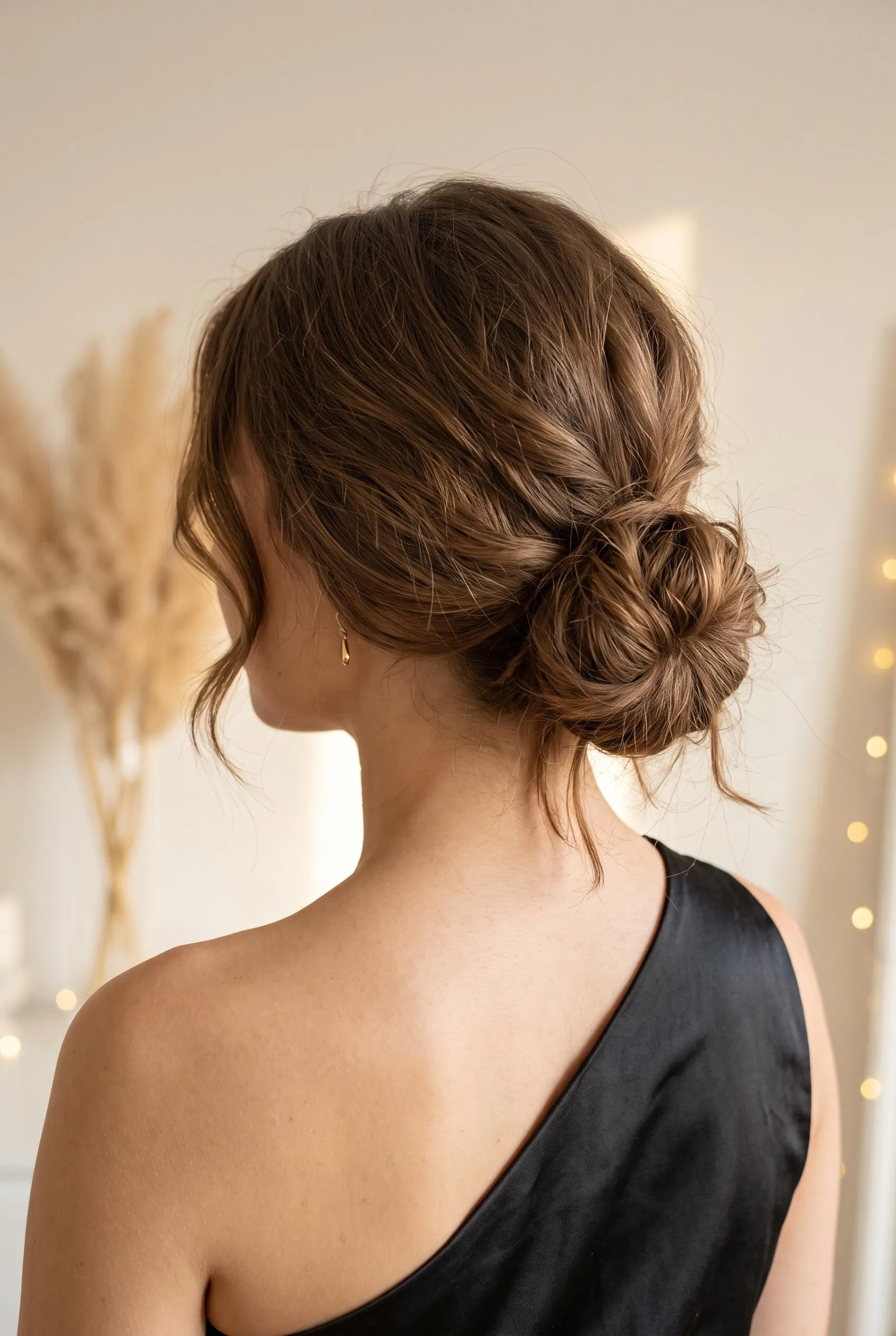 Messy textured low bun with face-framing pieces and a black one-shoulder top