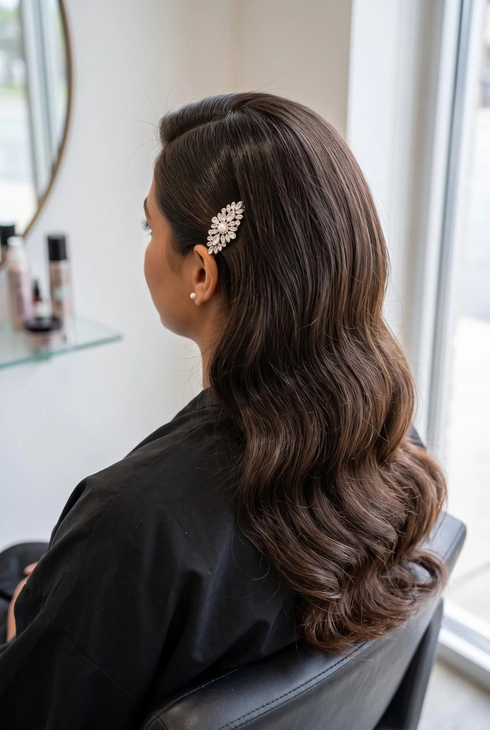 Glossy brown deep side-part waves with a crystal jeweled pin above the ear