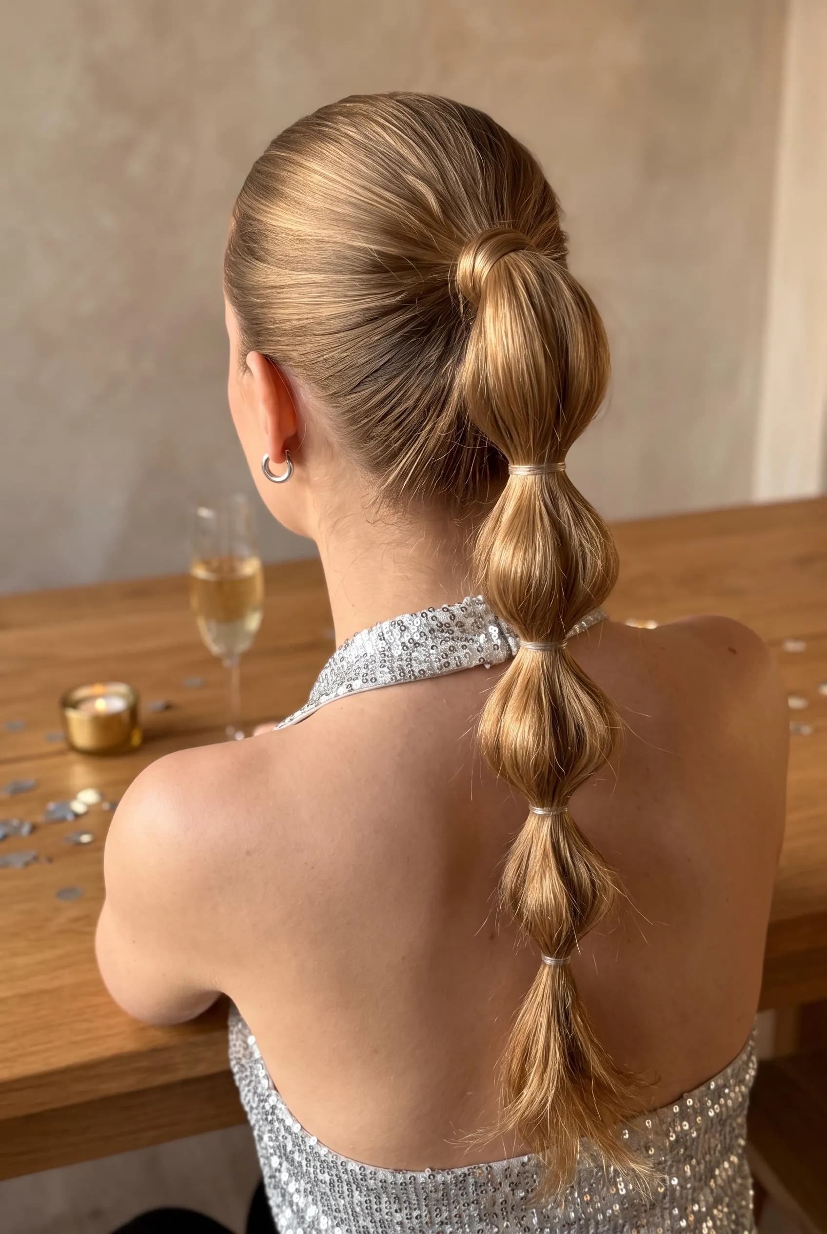 Honey-blonde high bubble ponytail with a silver sequin halter top
