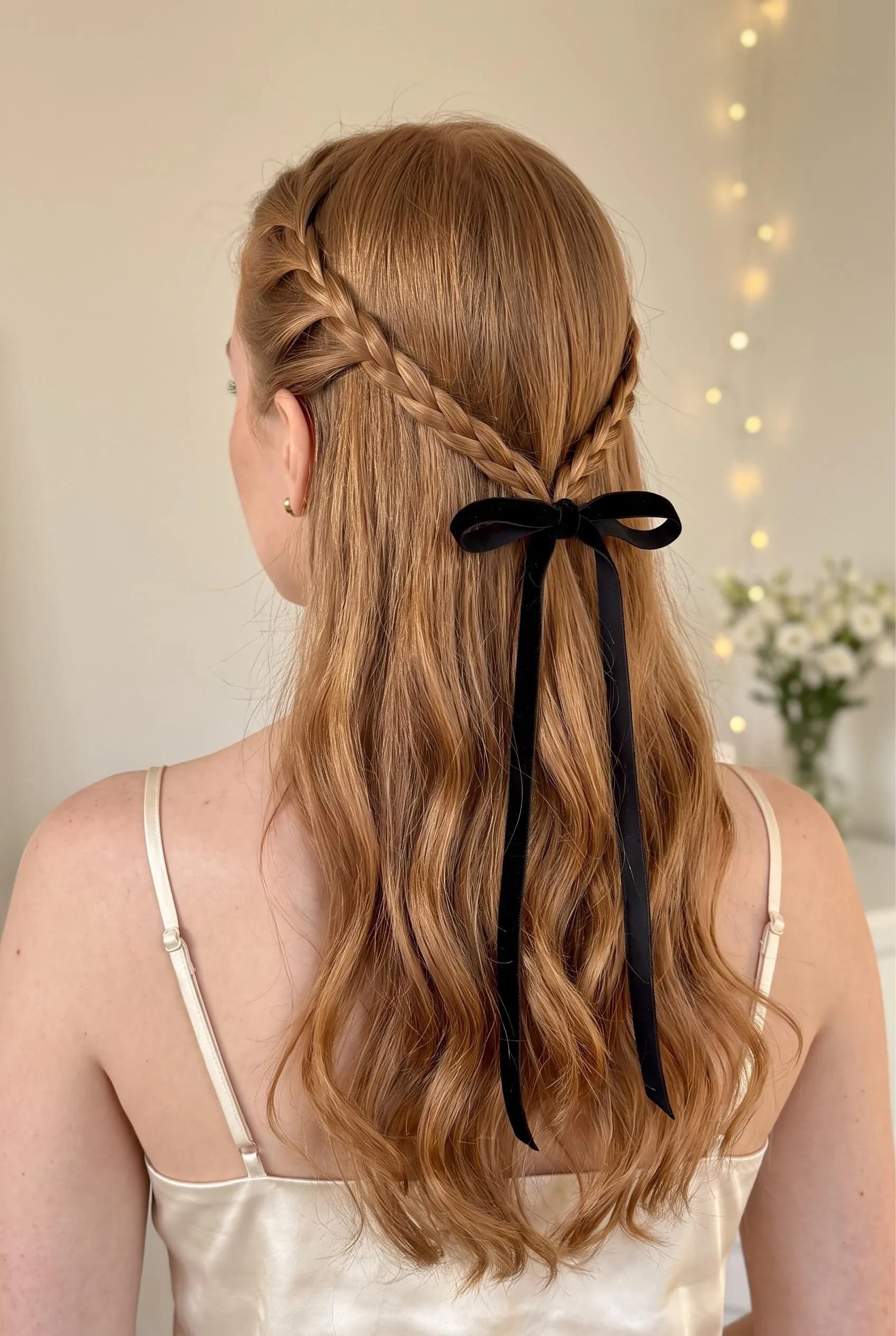 Two small braids joined at the back with a black velvet ribbon over auburn waves