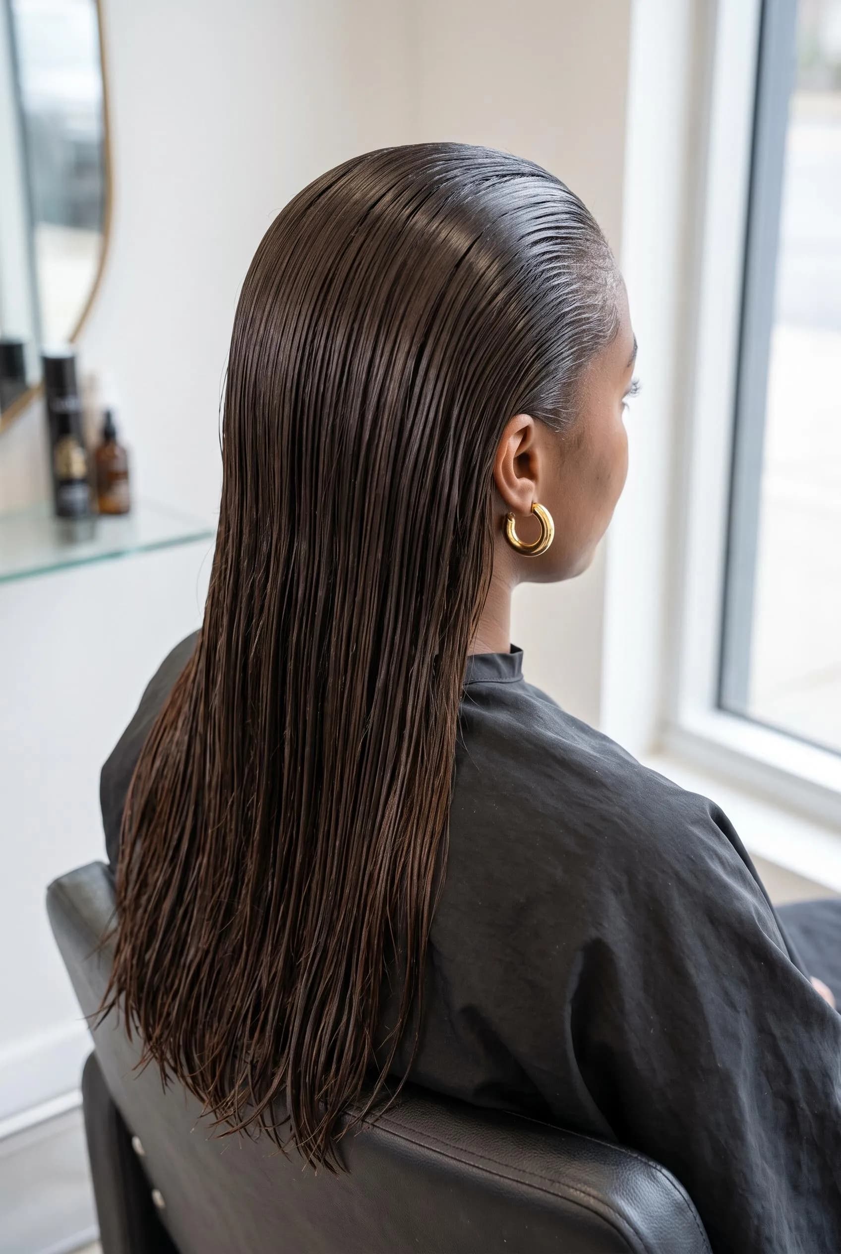 Slicked-back dark wet-look hair with glossy loose lengths and gold hoops