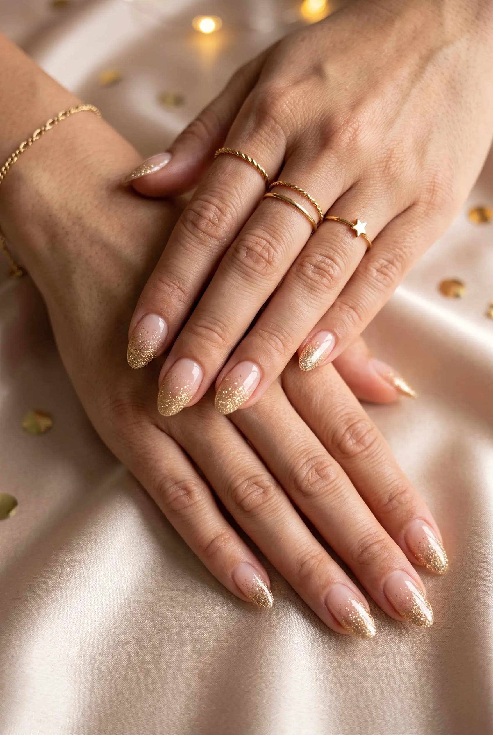 Almond nails with a sheer nude base and gold glitter fading from the tips on champagne satin