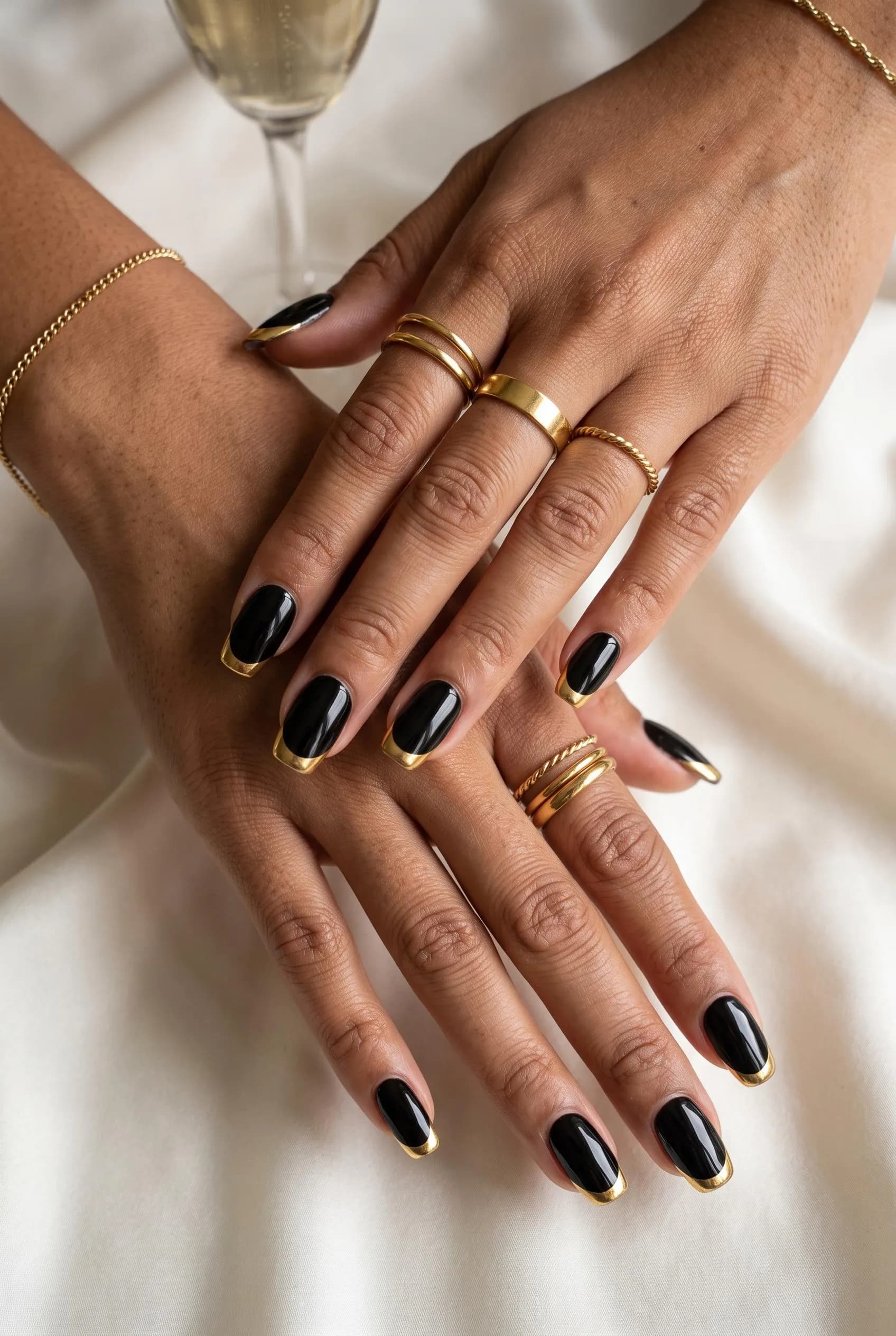 Glossy black nails with thin gold chrome French tips beside a glass of champagne