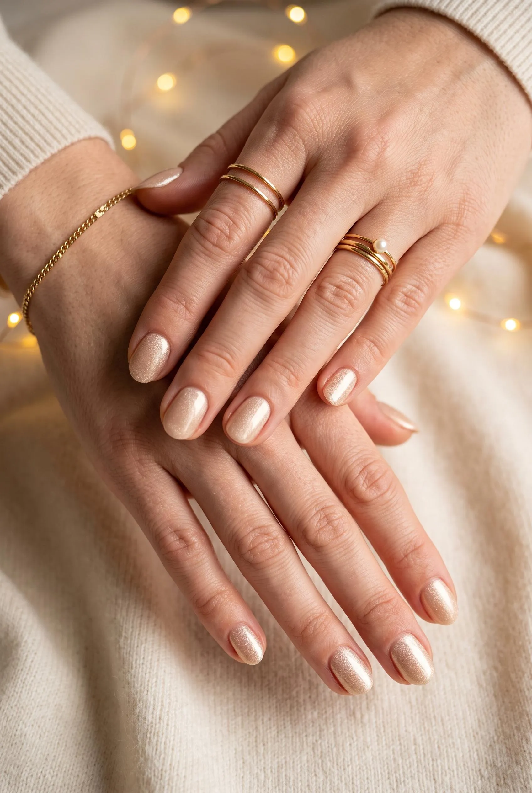Short oval champagne shimmer nails on a cream knit with fairy lights