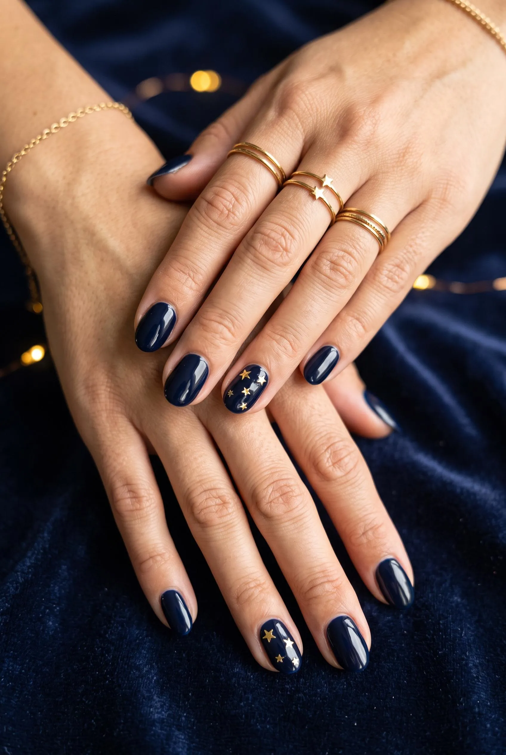 Glossy midnight navy nails with tiny gold stars on the accent nails