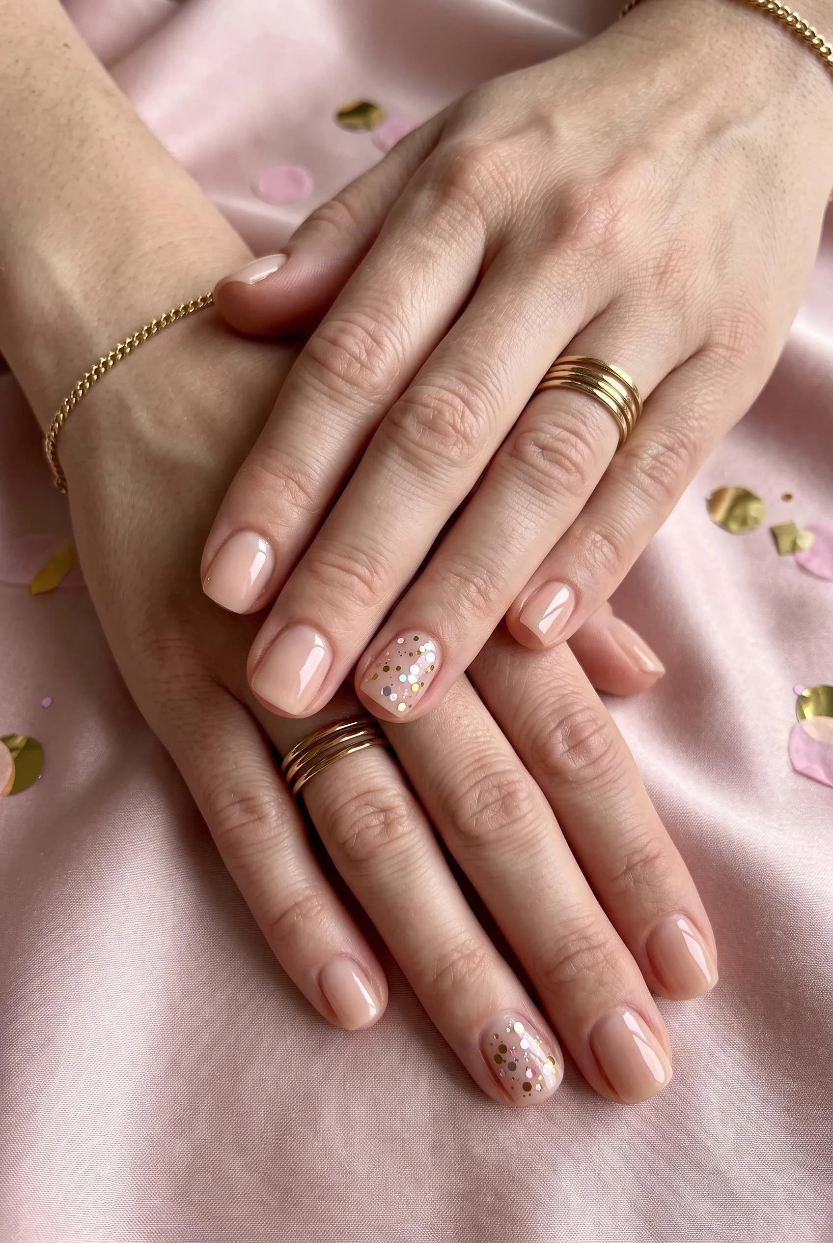 Sheer nude nails with a gold, silver and pink confetti glitter accent nail