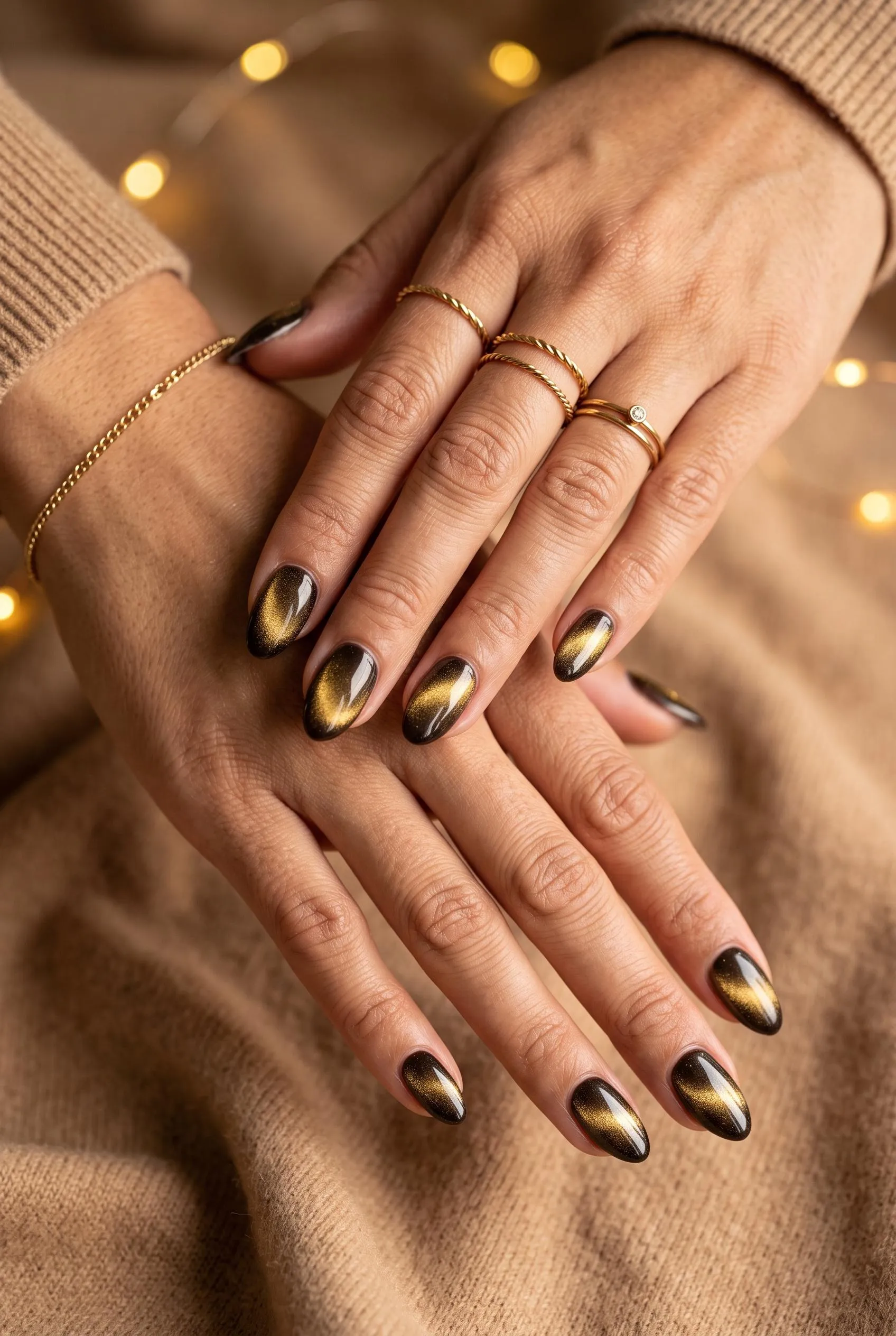 Gold velvet cat eye almond nails over a dark base on a camel knit