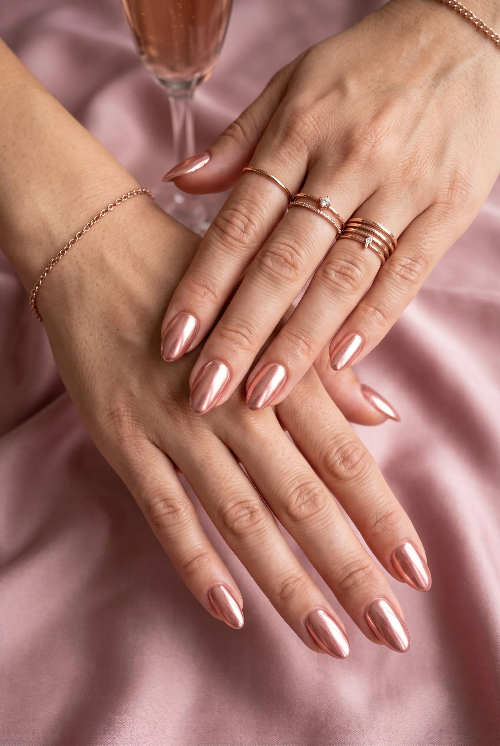 Rose gold chrome almond nails on dusty-pink silk
