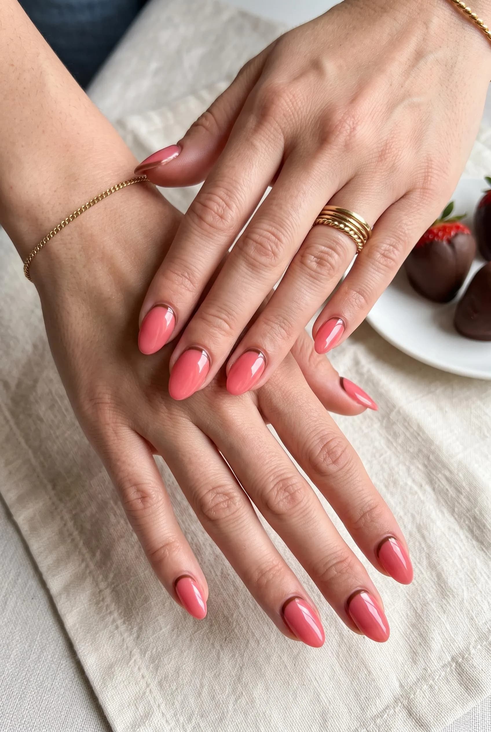 Glossy strawberry pink almond nails with a thin chocolate cuticle line beside chocolate-dipped strawberries