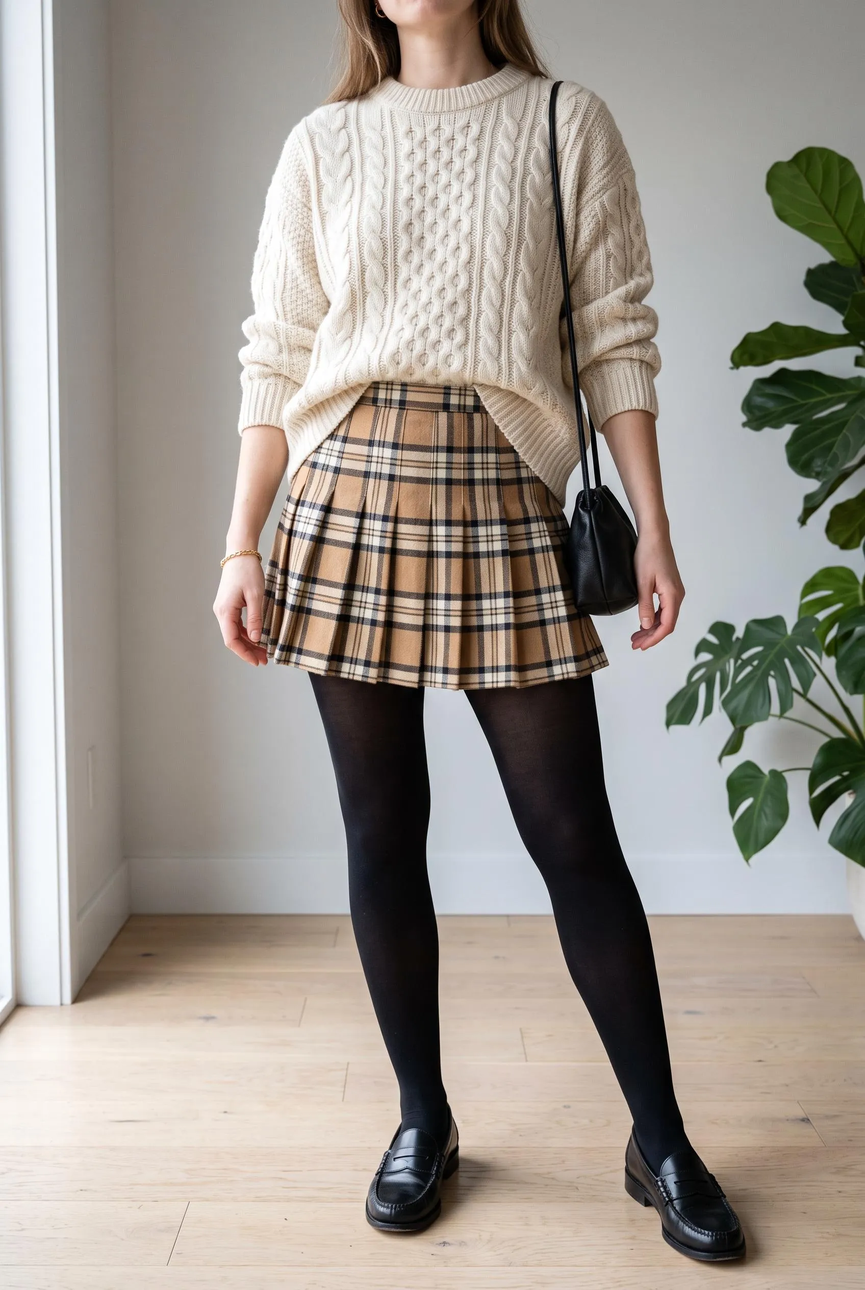 Cream cable-knit sweater with a camel plaid pleated mini skirt, black tights and black loafers