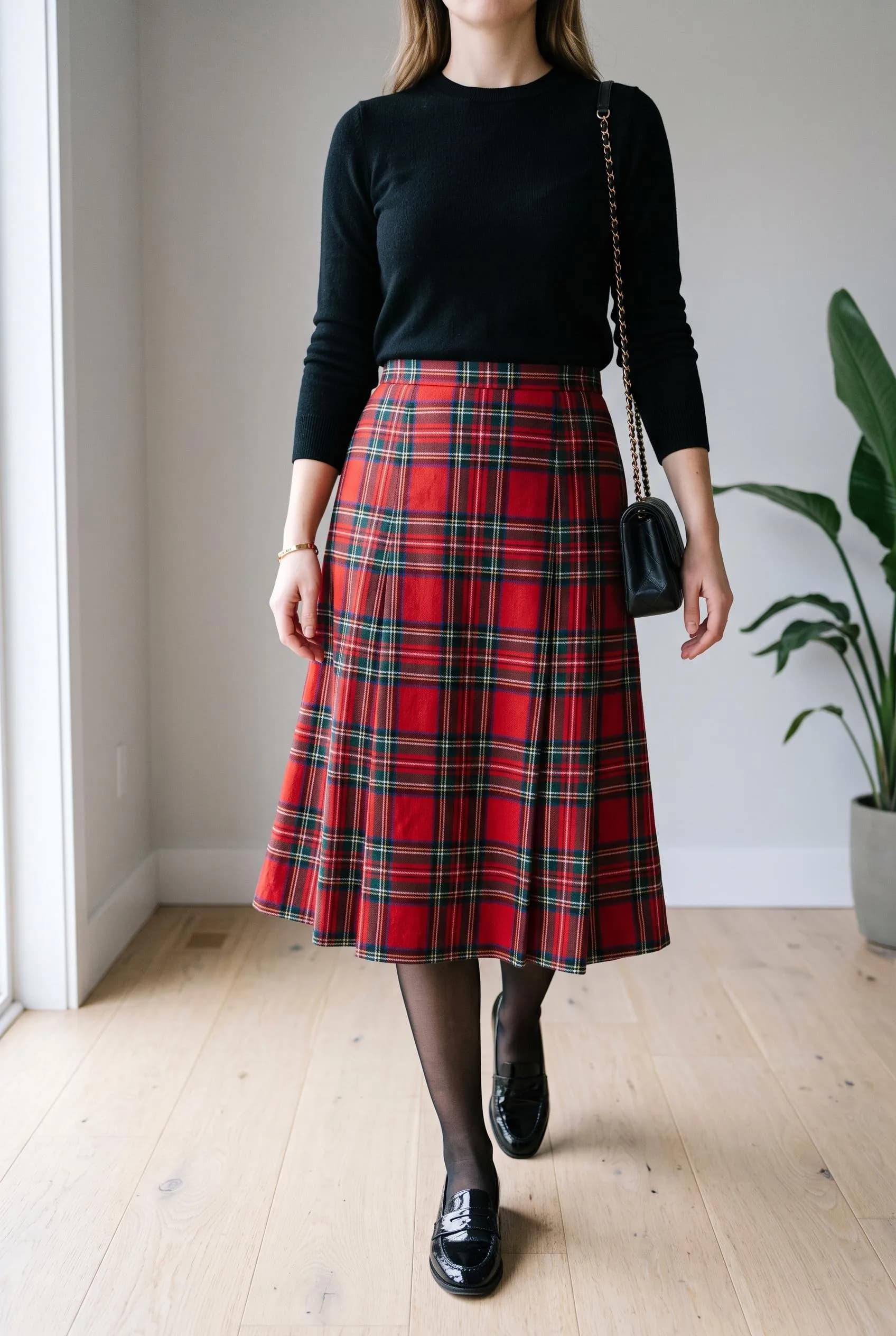 Black knit with a red tartan pleated midi skirt, sheer tights and black loafers