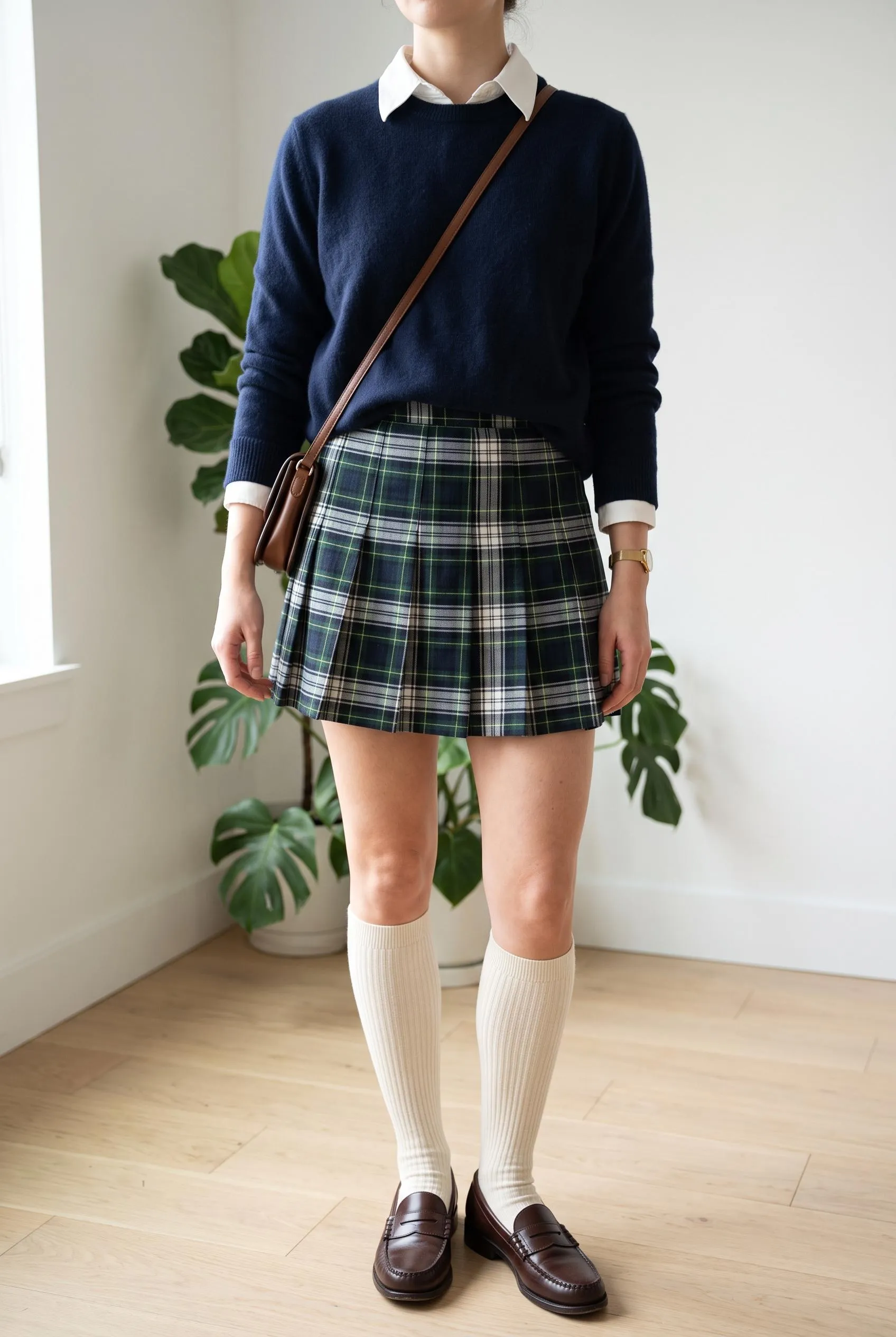 Navy sweater over a white collared shirt with a green plaid pleated mini, knee socks and penny loafers