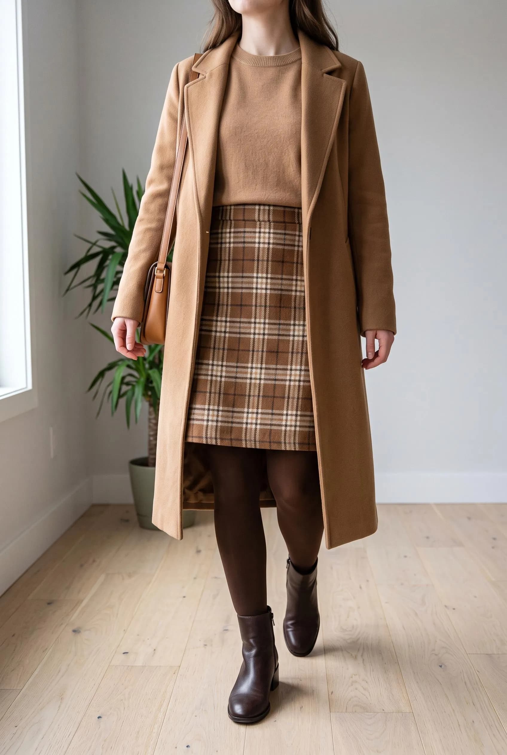 Camel coat and knit with a brown plaid skirt, brown tights and brown ankle boots