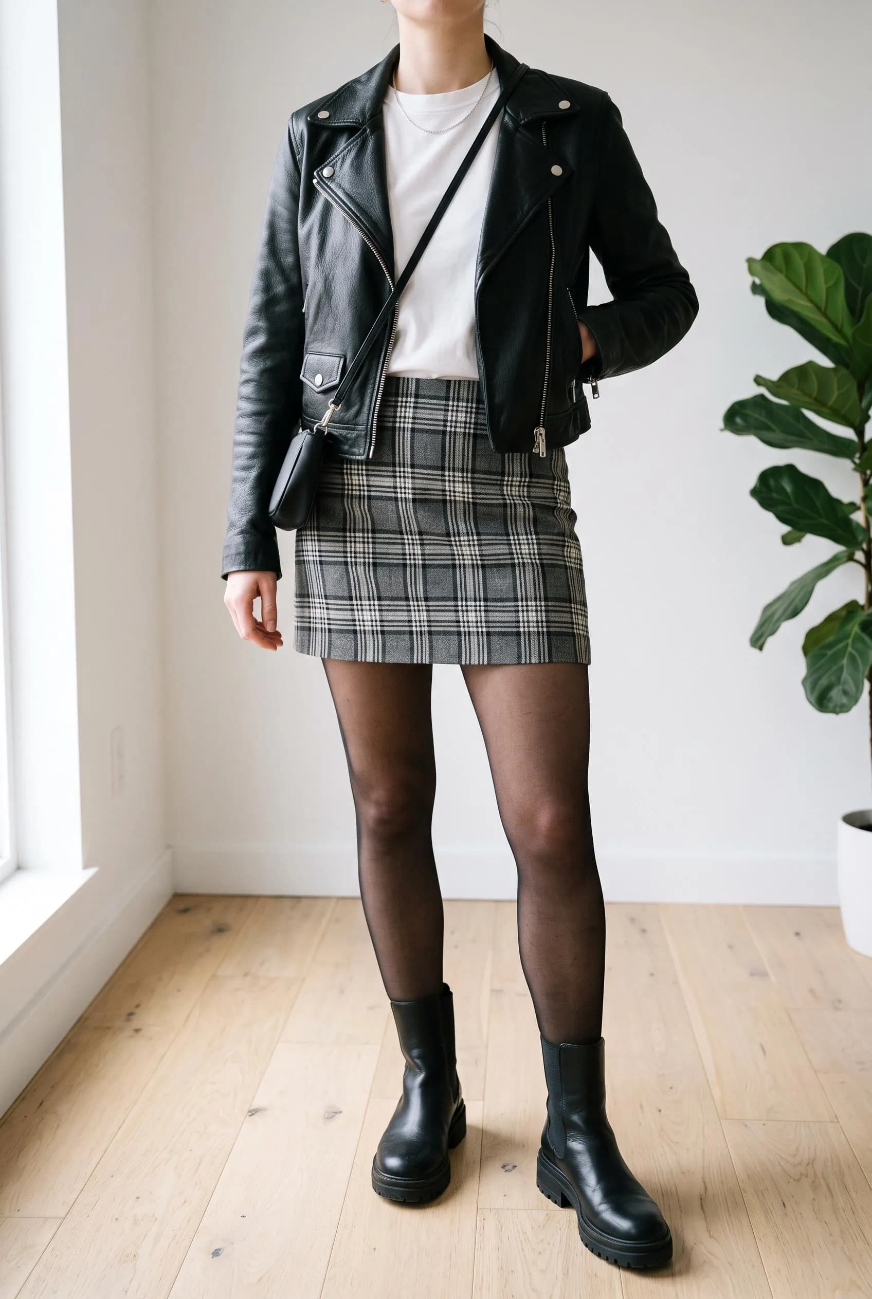 Black leather biker jacket with a white tee, grey plaid mini skirt and lug-sole ankle boots