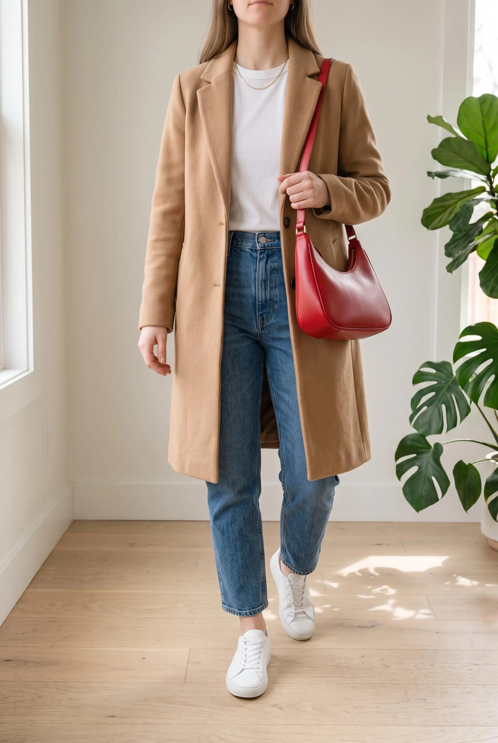 Red crescent shoulder bag with a white tee, straight jeans, a camel coat and white sneakers