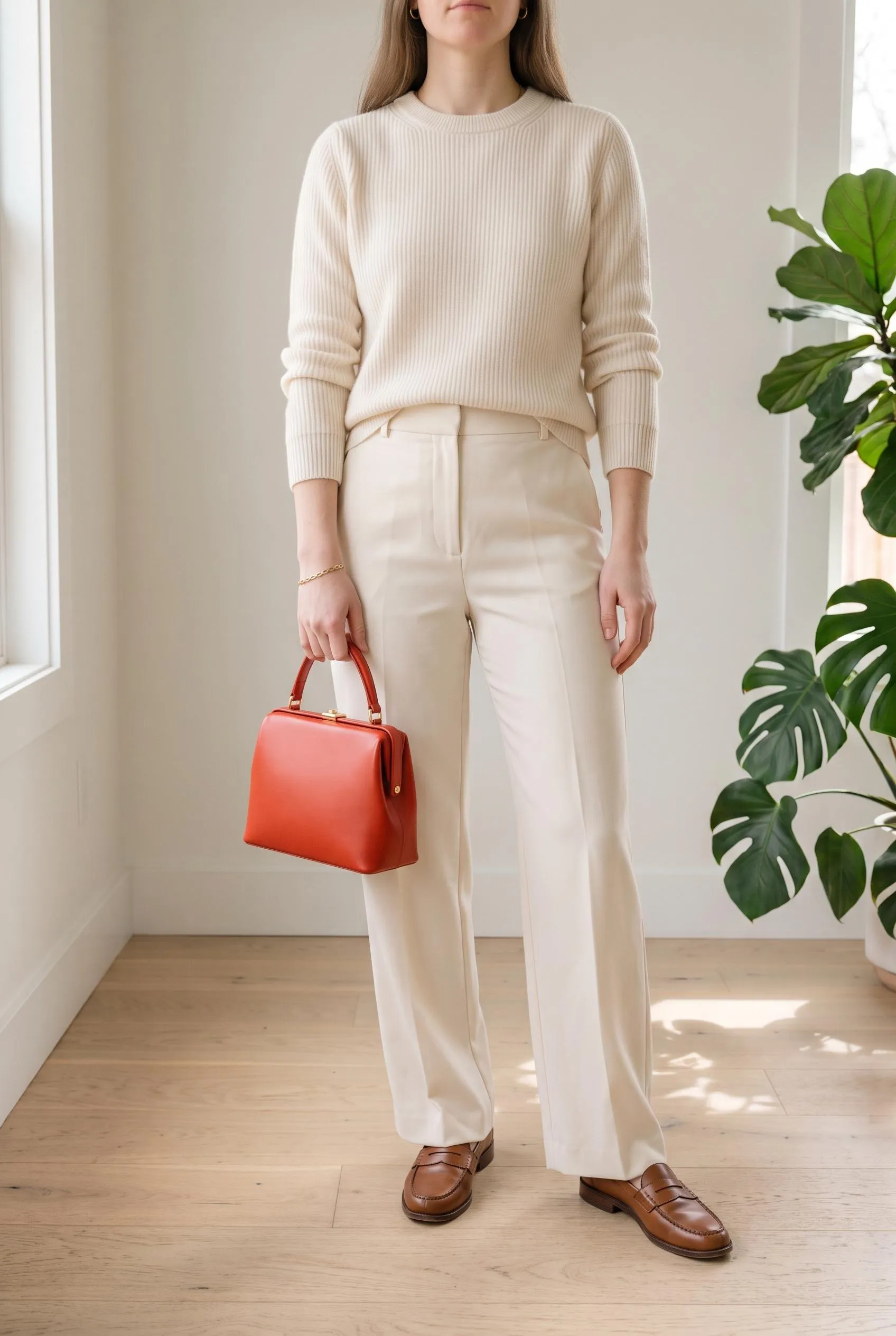 Tomato red top-handle bag with a cream knit, cream wide-leg trousers and brown loafers