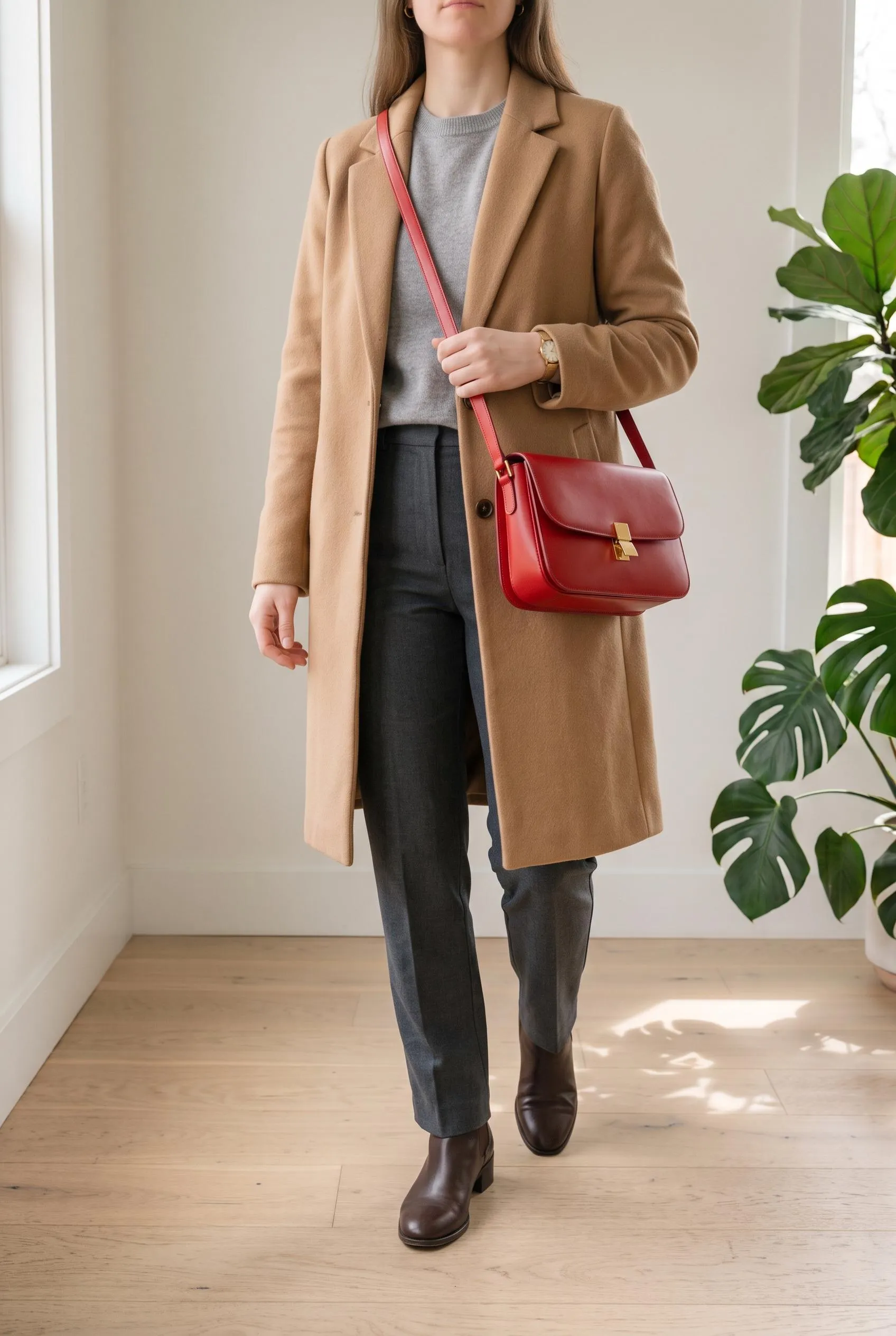Red flap shoulder bag with a camel coat, grey sweater, grey trousers and brown boots