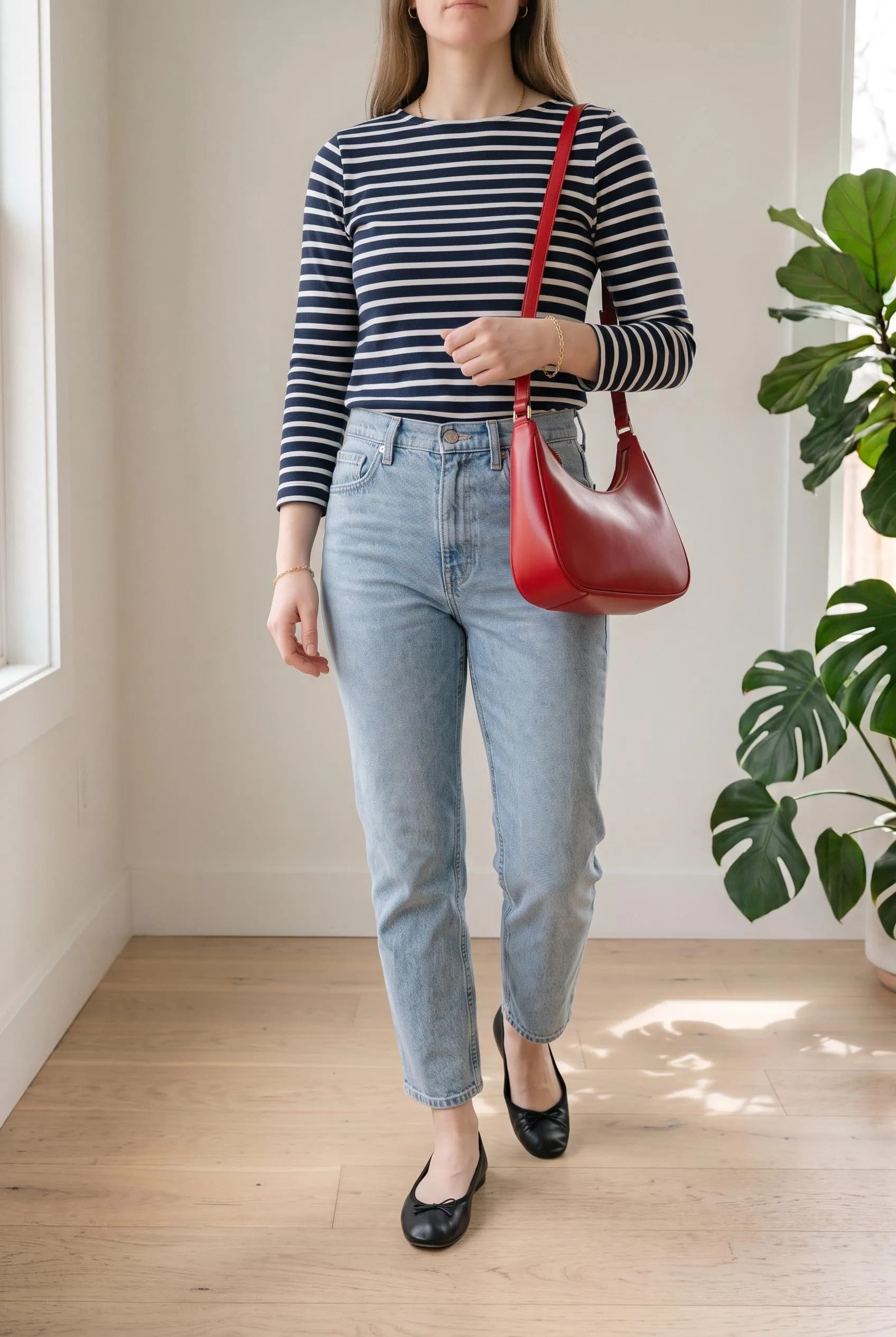 Red shoulder bag with a navy Breton striped top, light-wash jeans and black ballet flats