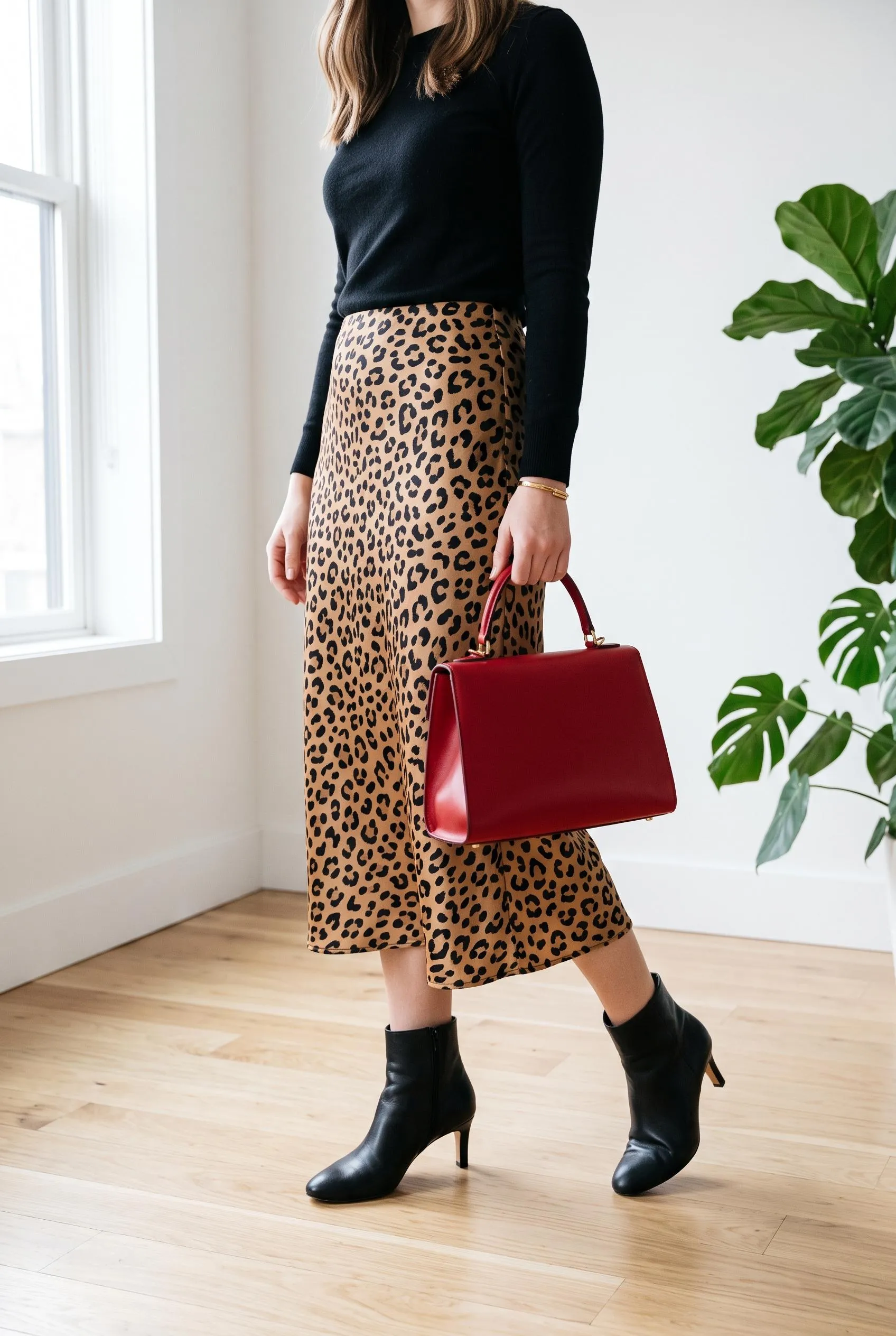 Red top-handle bag with a leopard print satin midi skirt, black top and black ankle boots