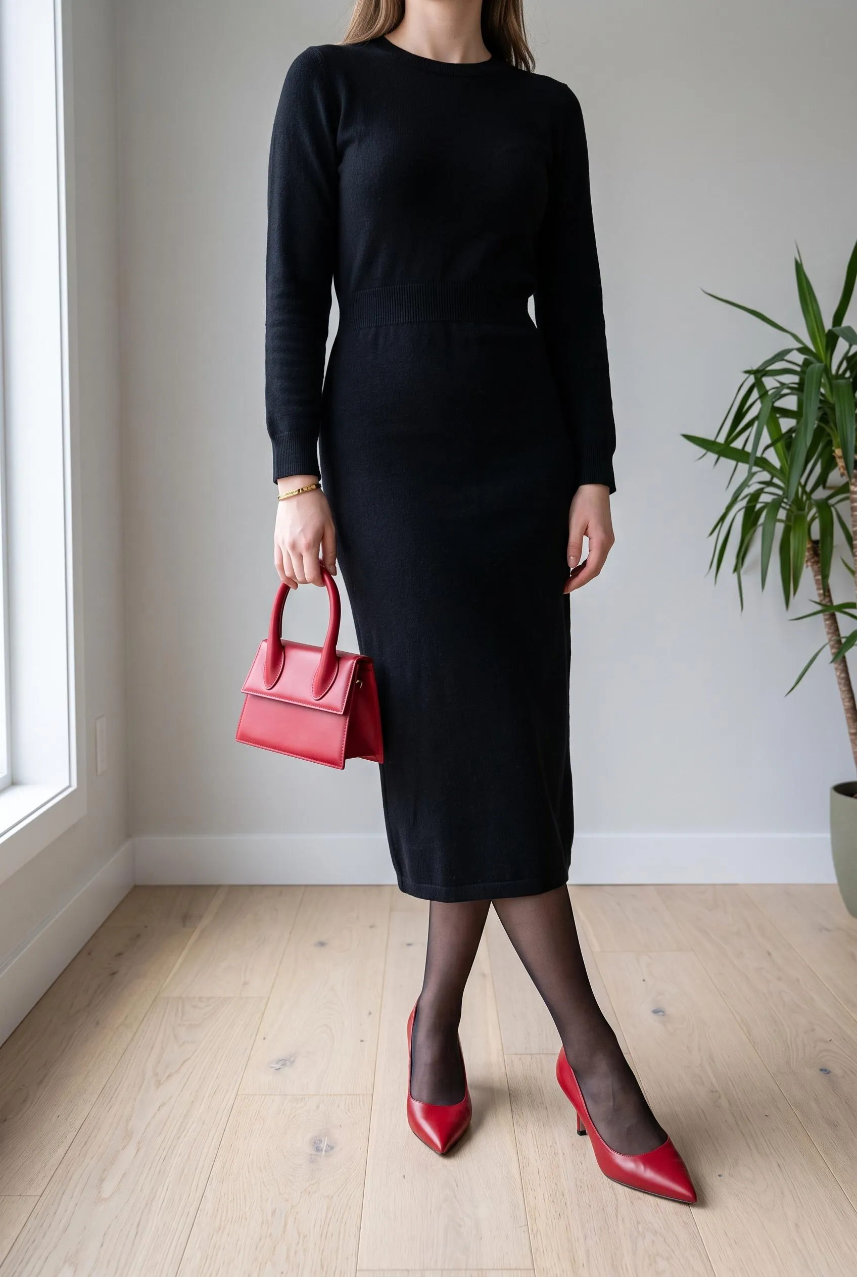Small red top-handle bag with matching red pointed heels and a black knit midi dress