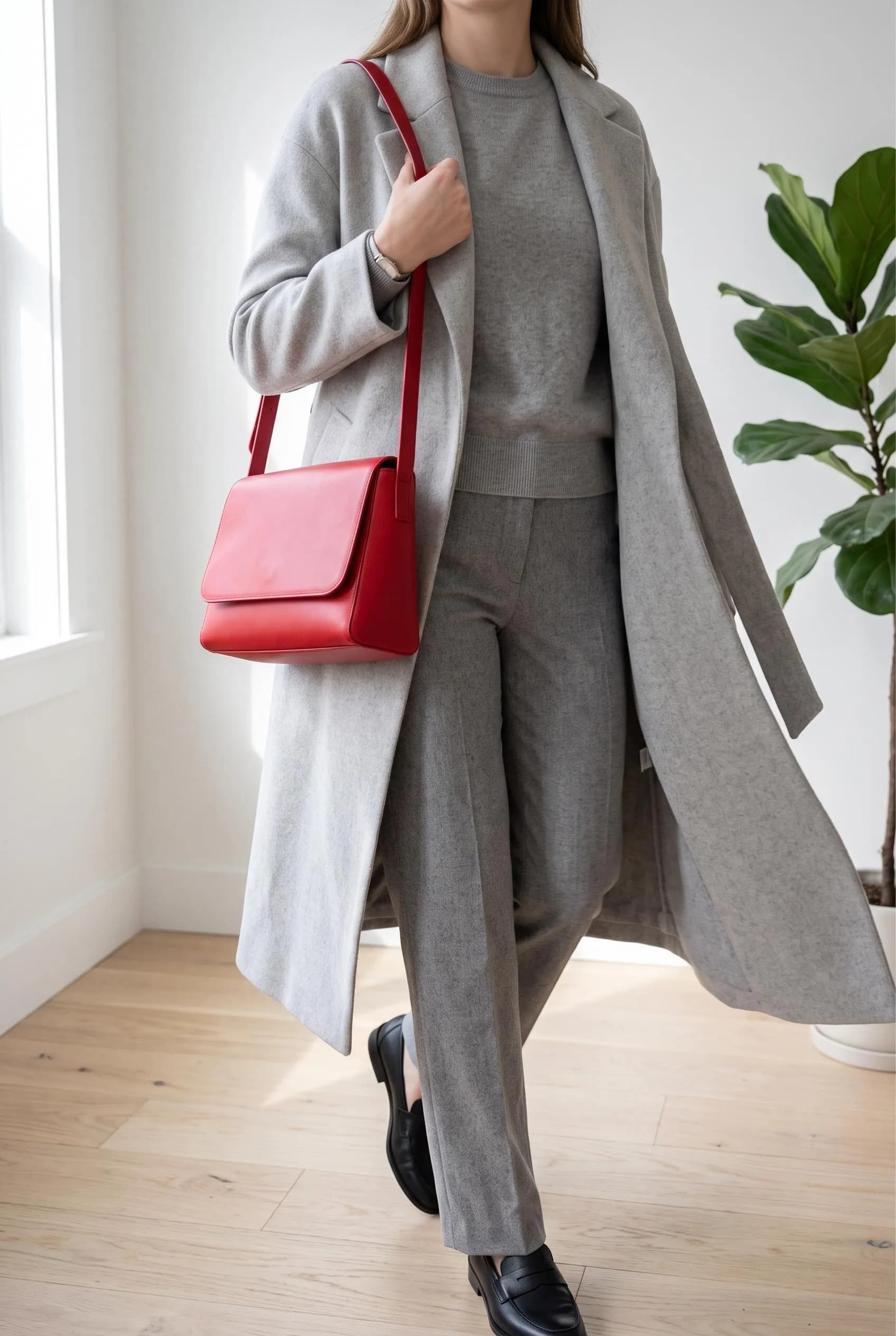 Red flap shoulder bag with an all-grey outfit and a long light grey coat