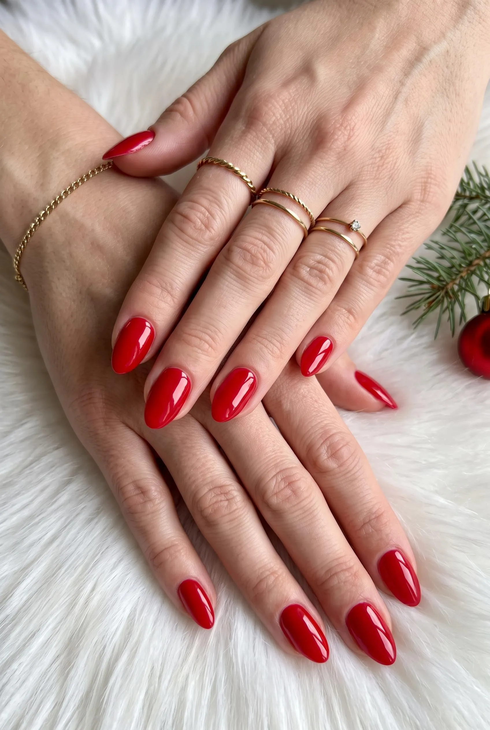 Glossy cherry red almond nails on white faux fur with pine and a red ornament