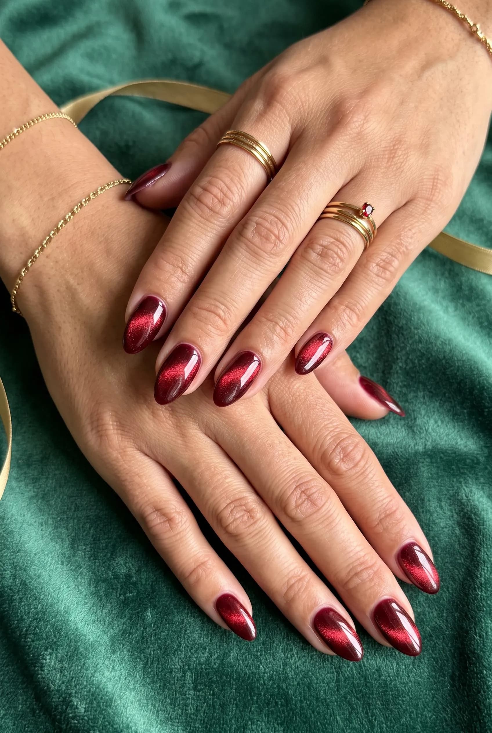 Deep red velvet cat eye almond nails on emerald green velvet