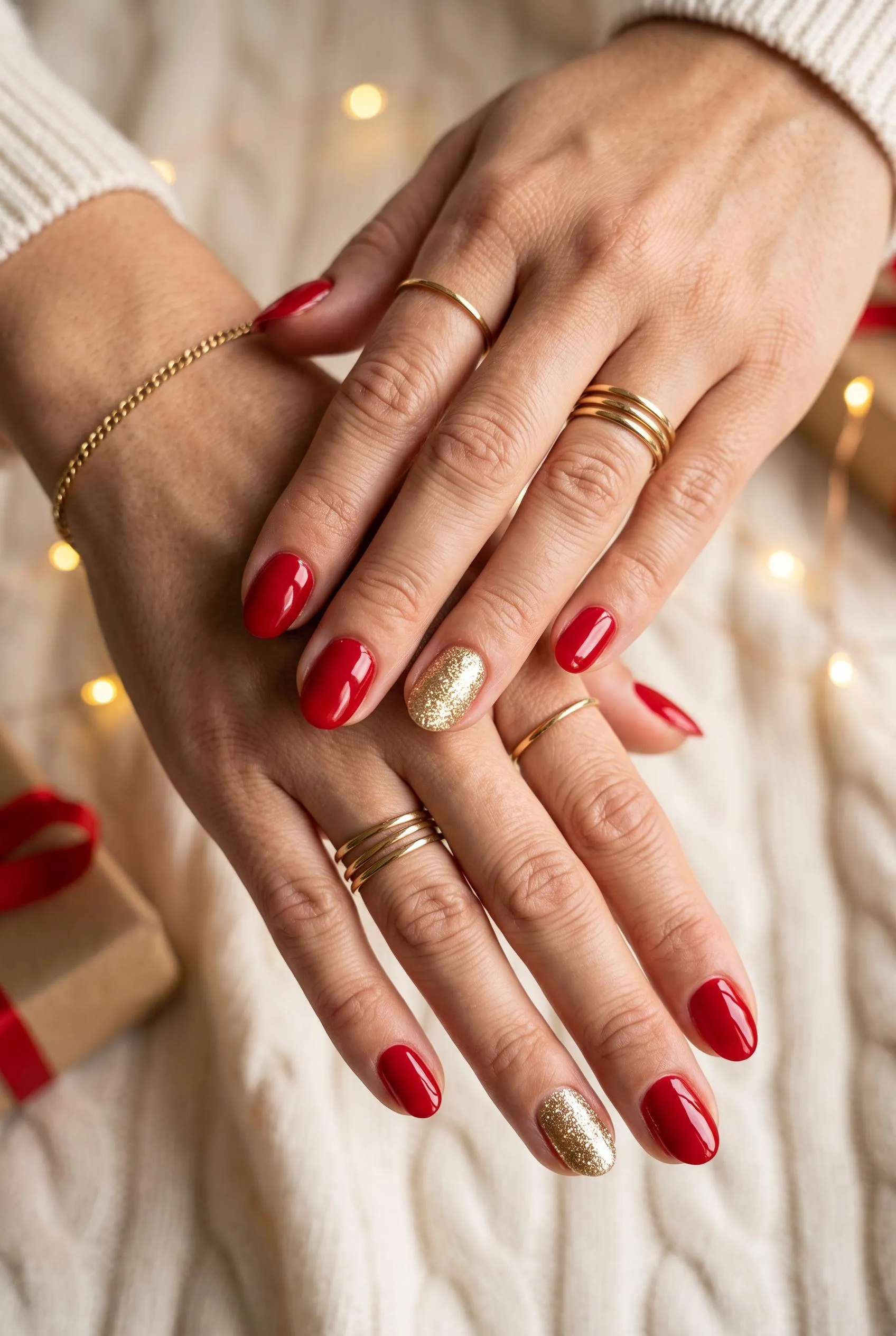 Glossy red oval nails with gold glitter on the ring fingers on a cream knit