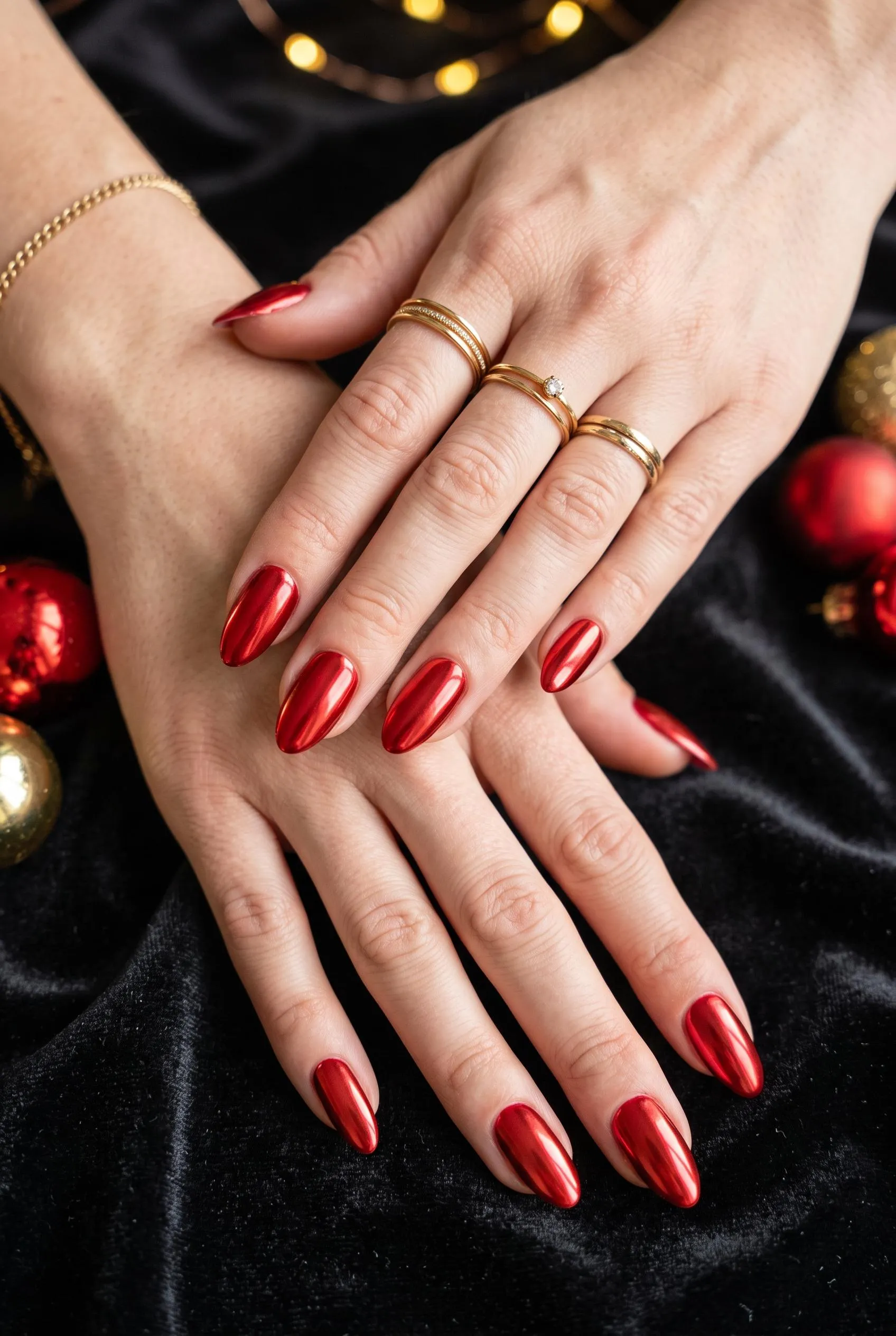 Candy-apple red chrome almond nails on black velvet with Christmas ornaments