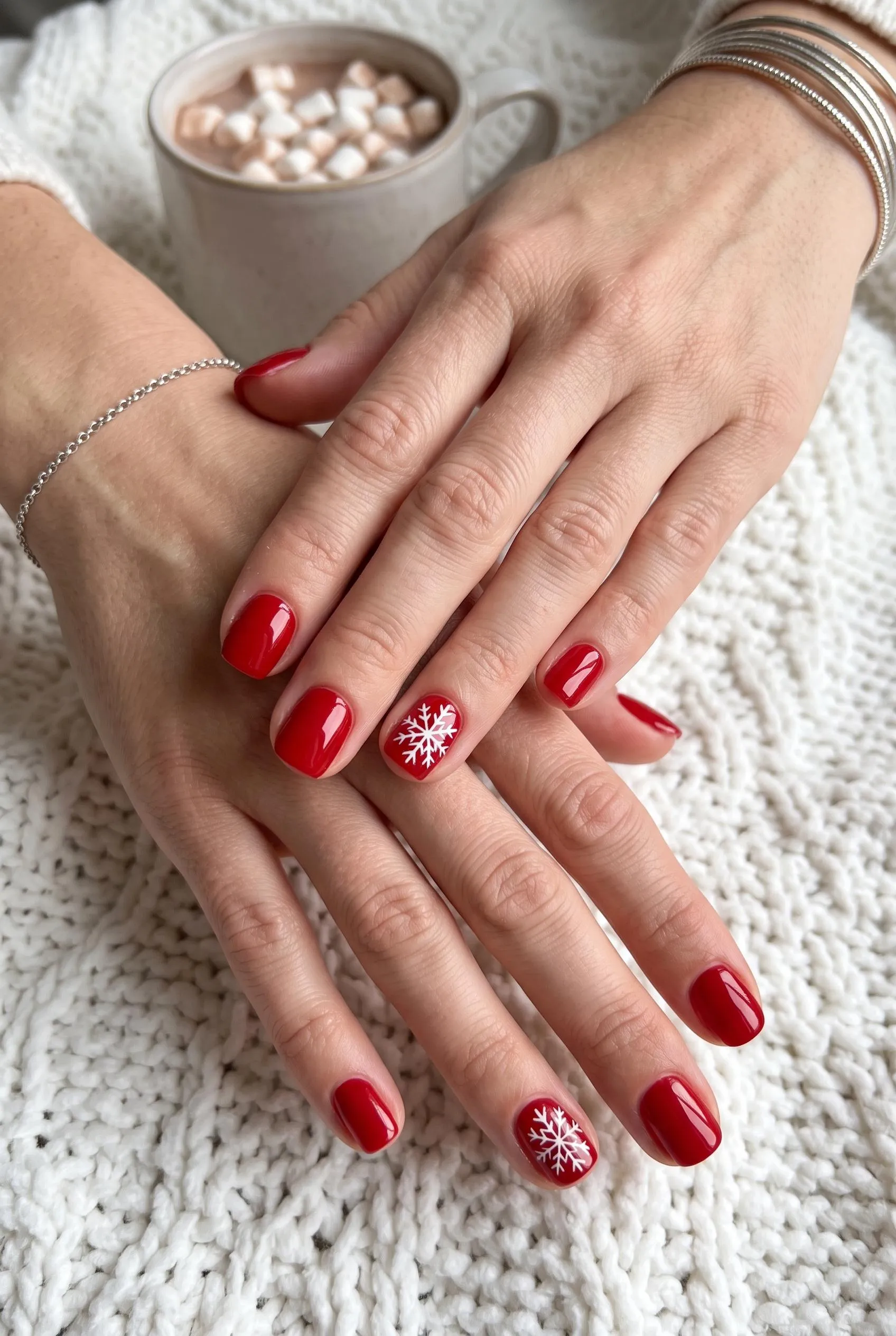 Glossy red nails with a white snowflake on the ring fingers beside hot cocoa