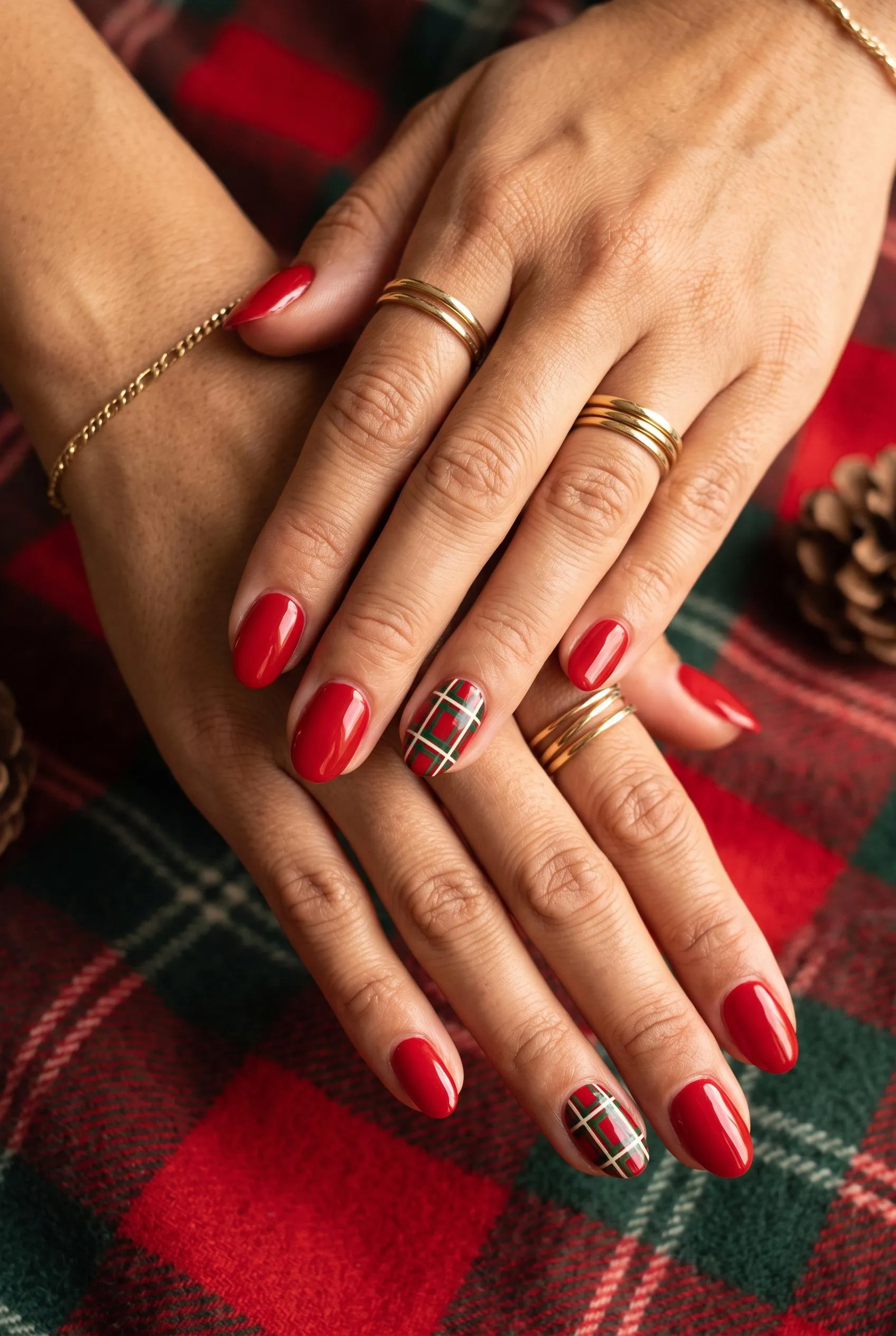 Glossy red nails with a red and green tartan plaid accent nail on a plaid blanket