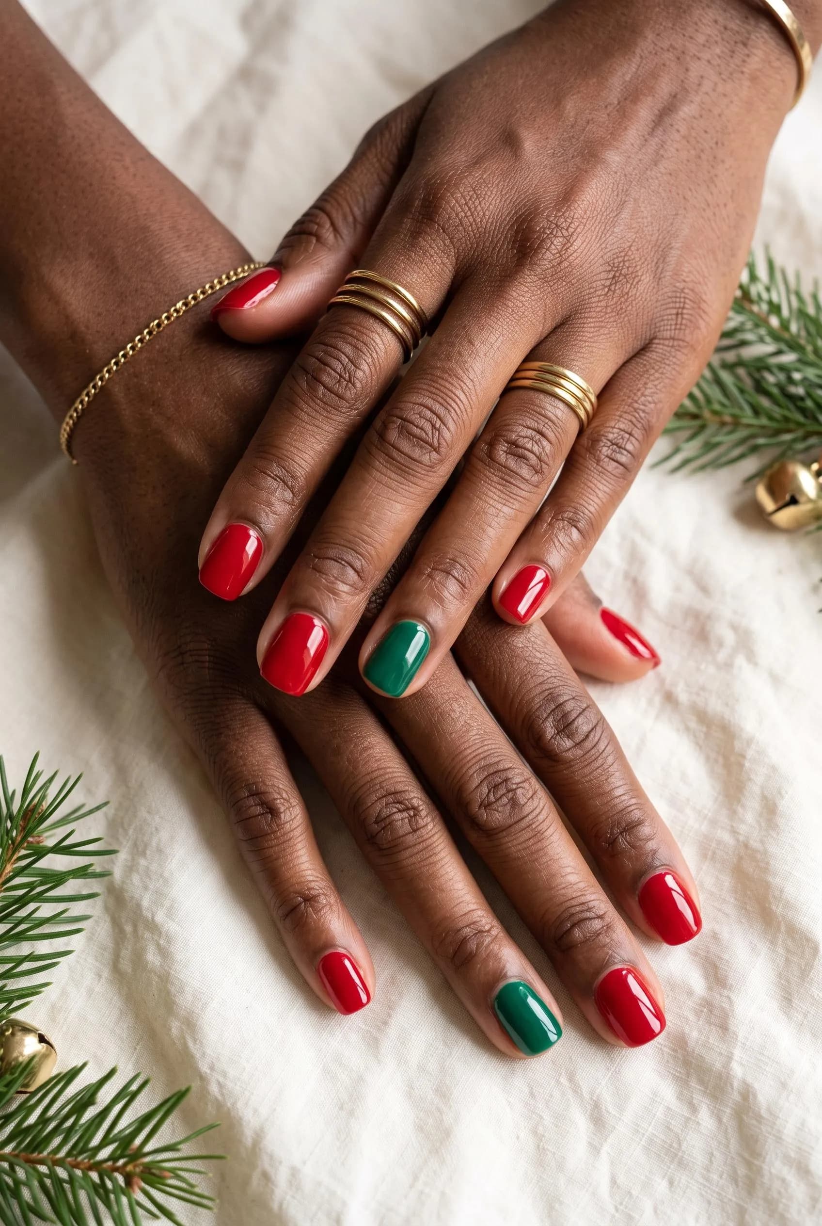 Short glossy red nails with emerald green ring-finger accents among pine sprigs