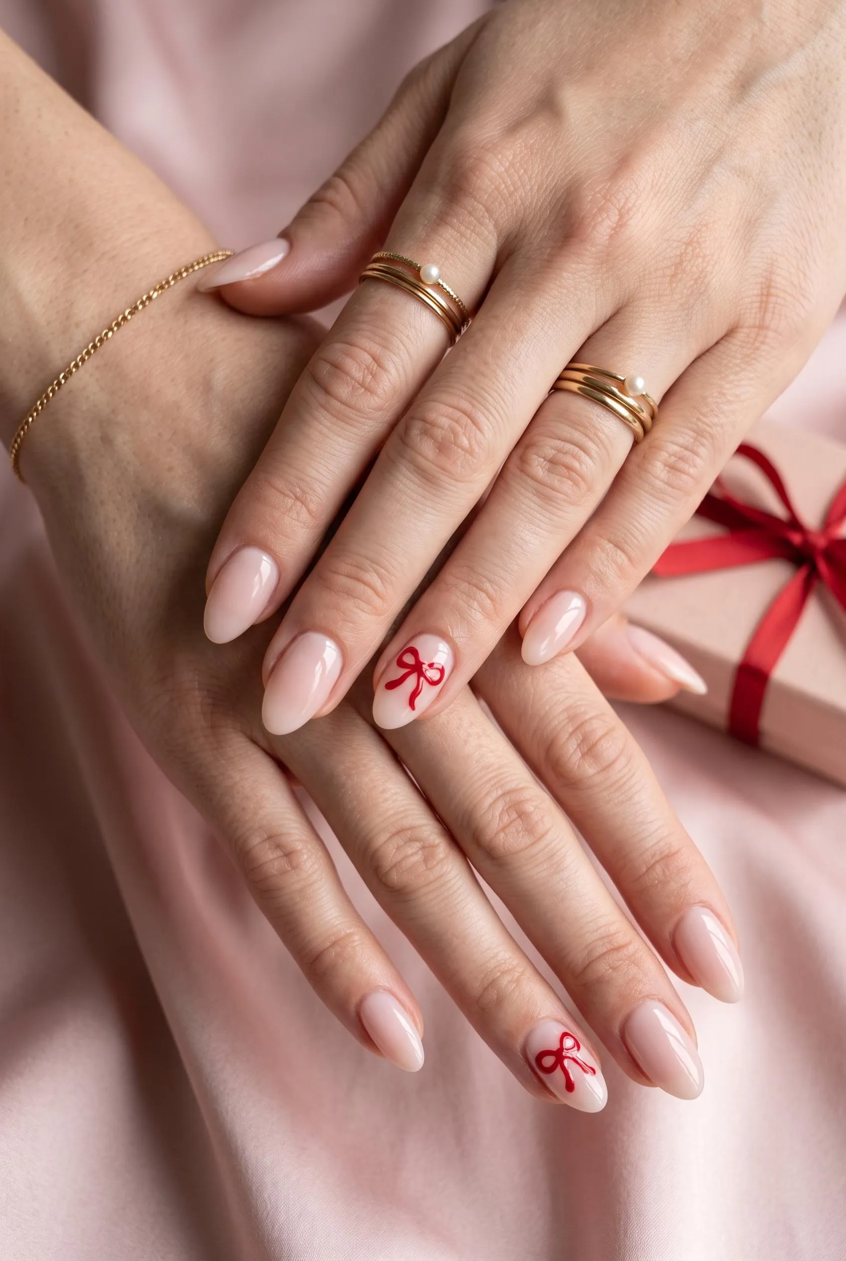 Milky nude almond nails with a tiny red bow on the ring fingers