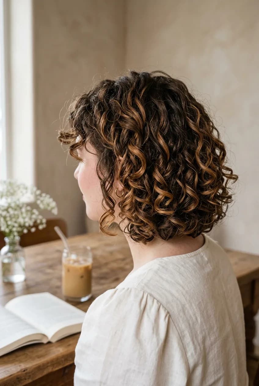 Short curly brown bob with caramel highlights through the curls