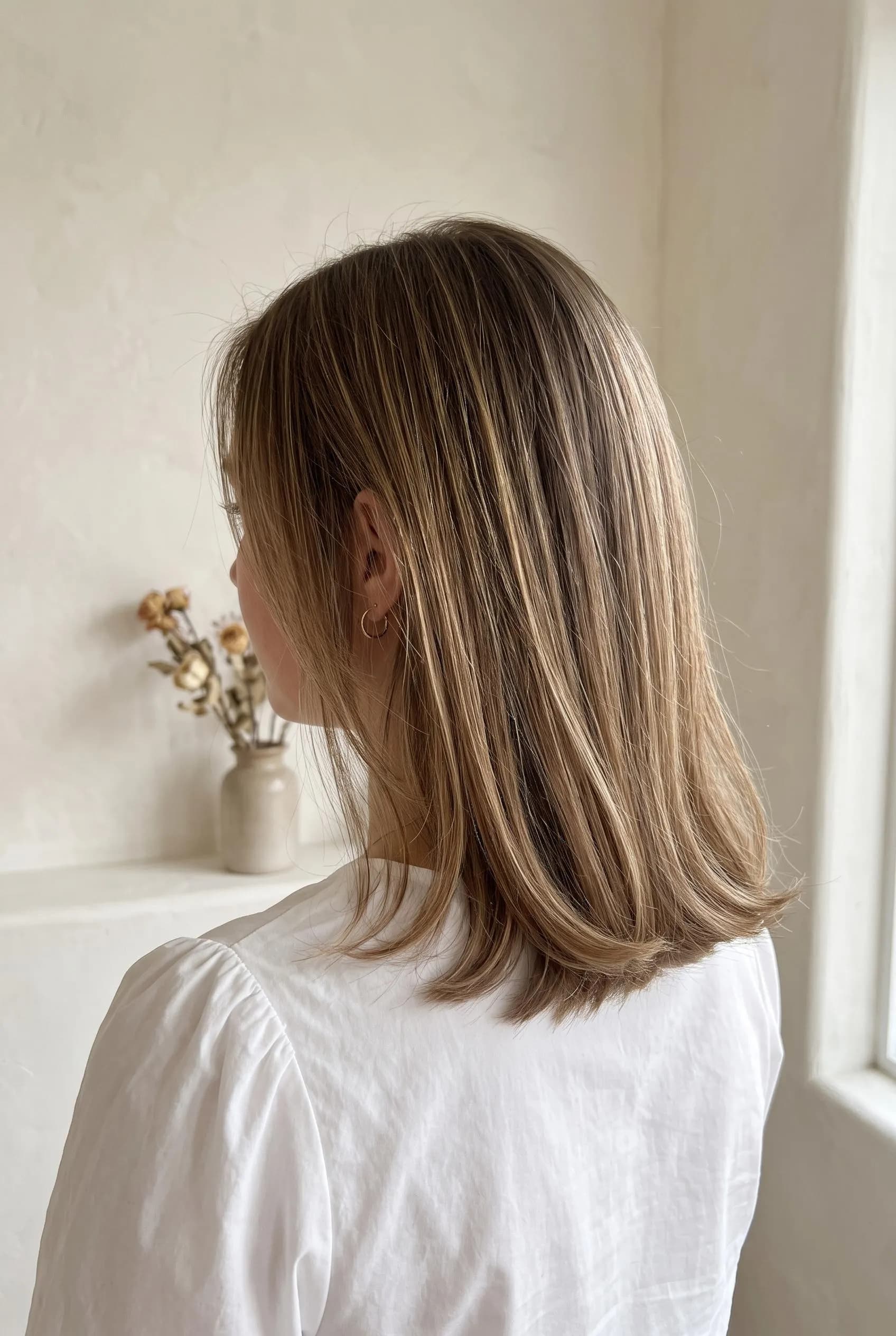Shoulder-length medium brown hair with fine golden babylights