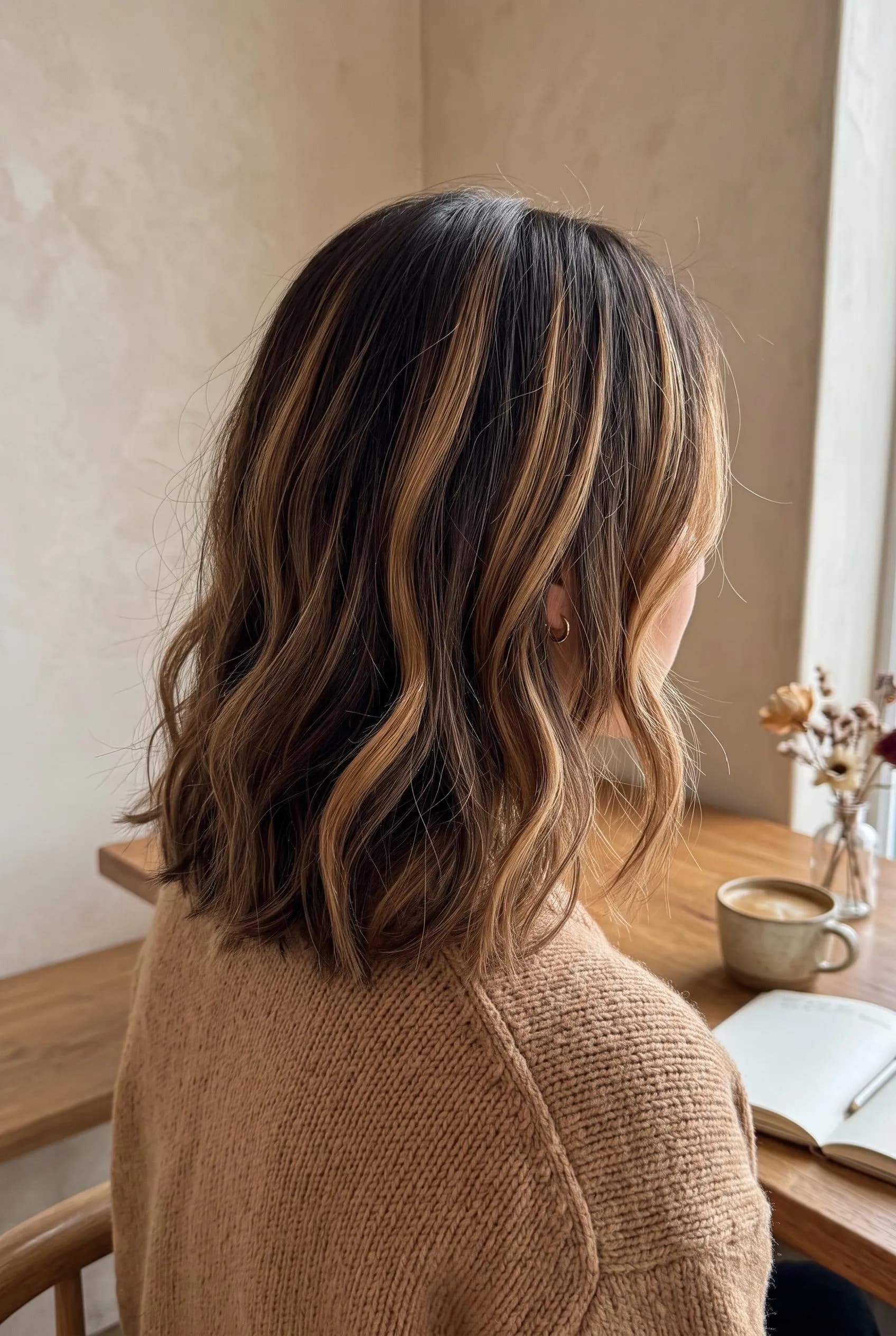 Shoulder-length dark brown waves with wide caramel blonde ribbons