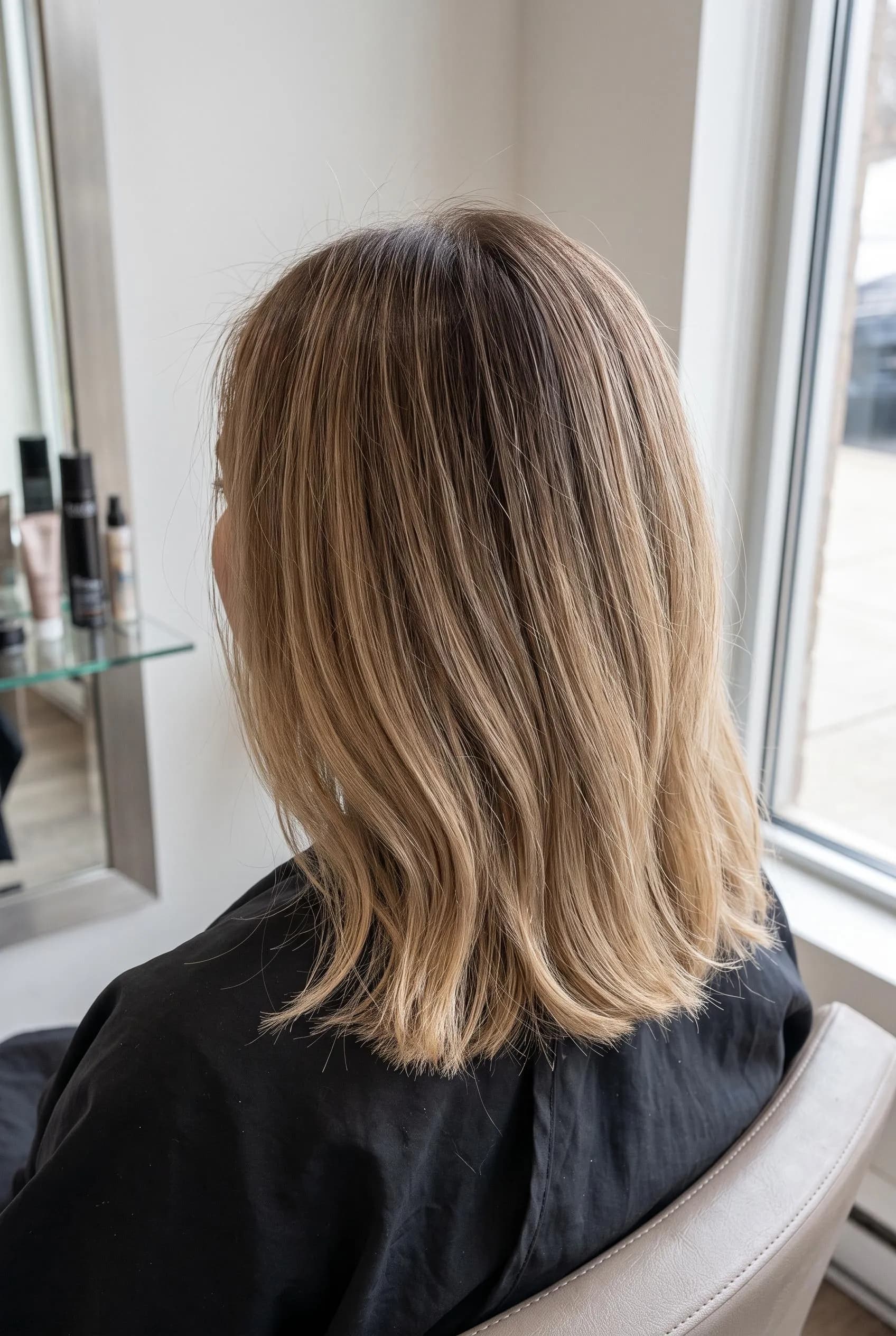 Shoulder-length bronde hair with a soft brown shadow root