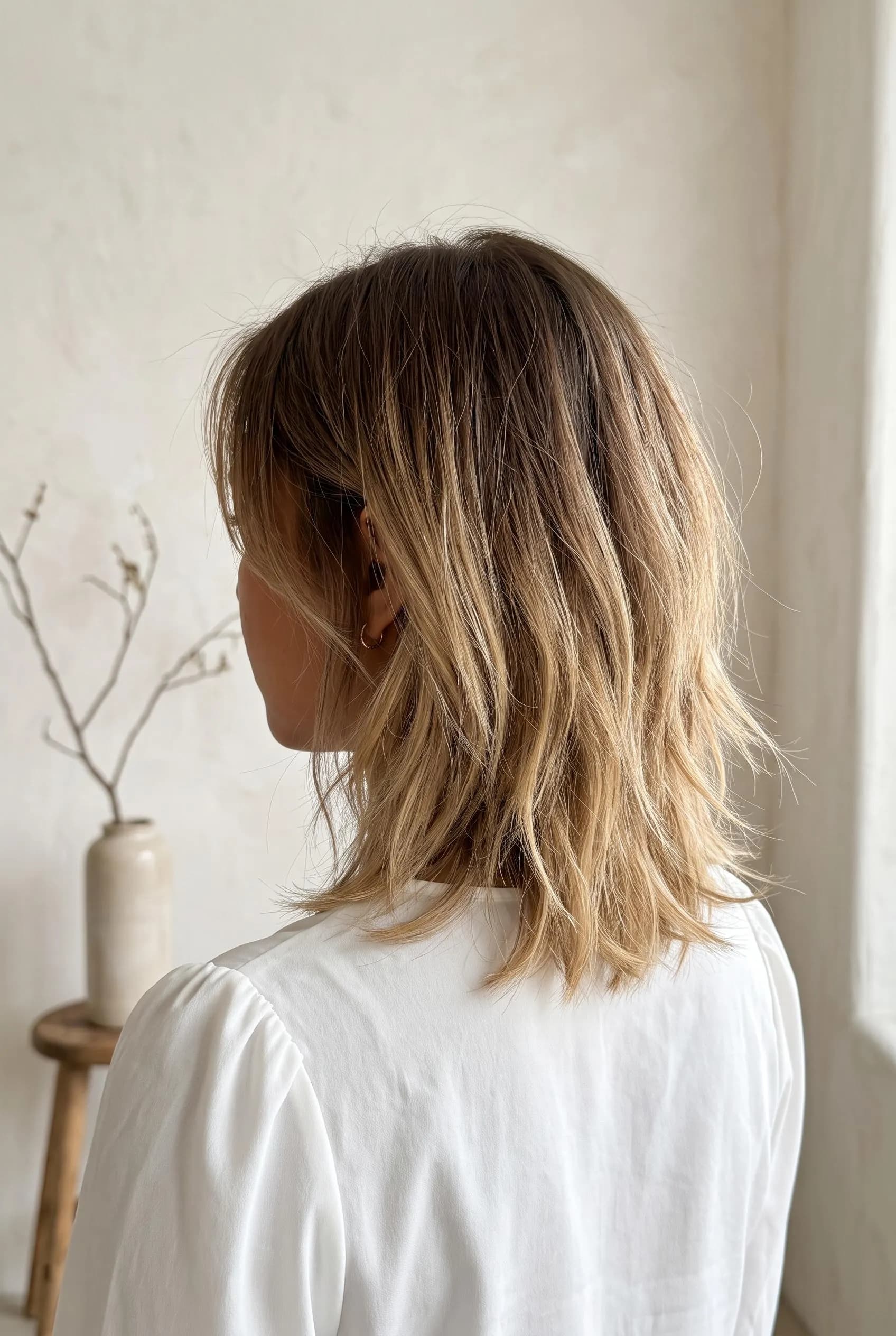 Textured shoulder-skimming cut with brown roots melting into blonde ends