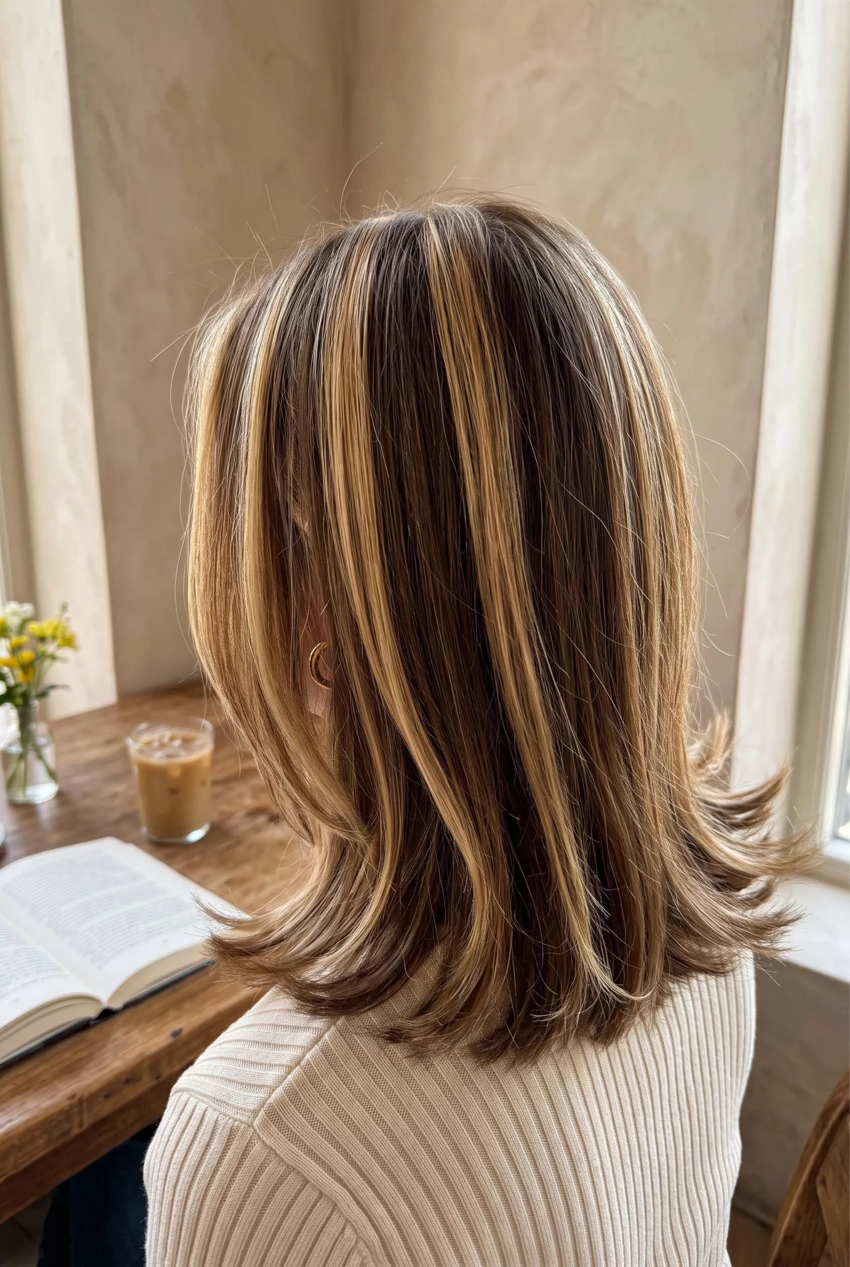 Shoulder-length brown hair with chunky 90s golden blonde highlights