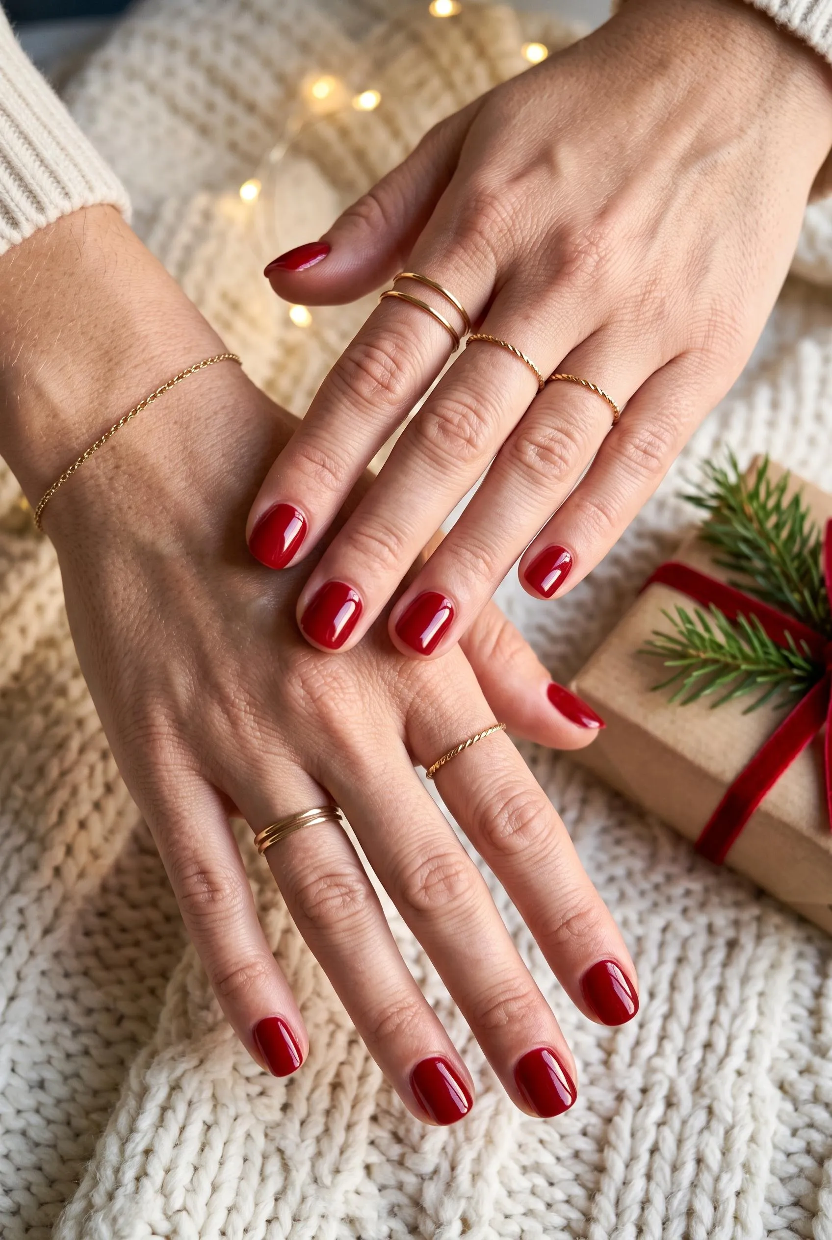 Short rounded nails in glossy classic red beside a small wrapped gift and pine