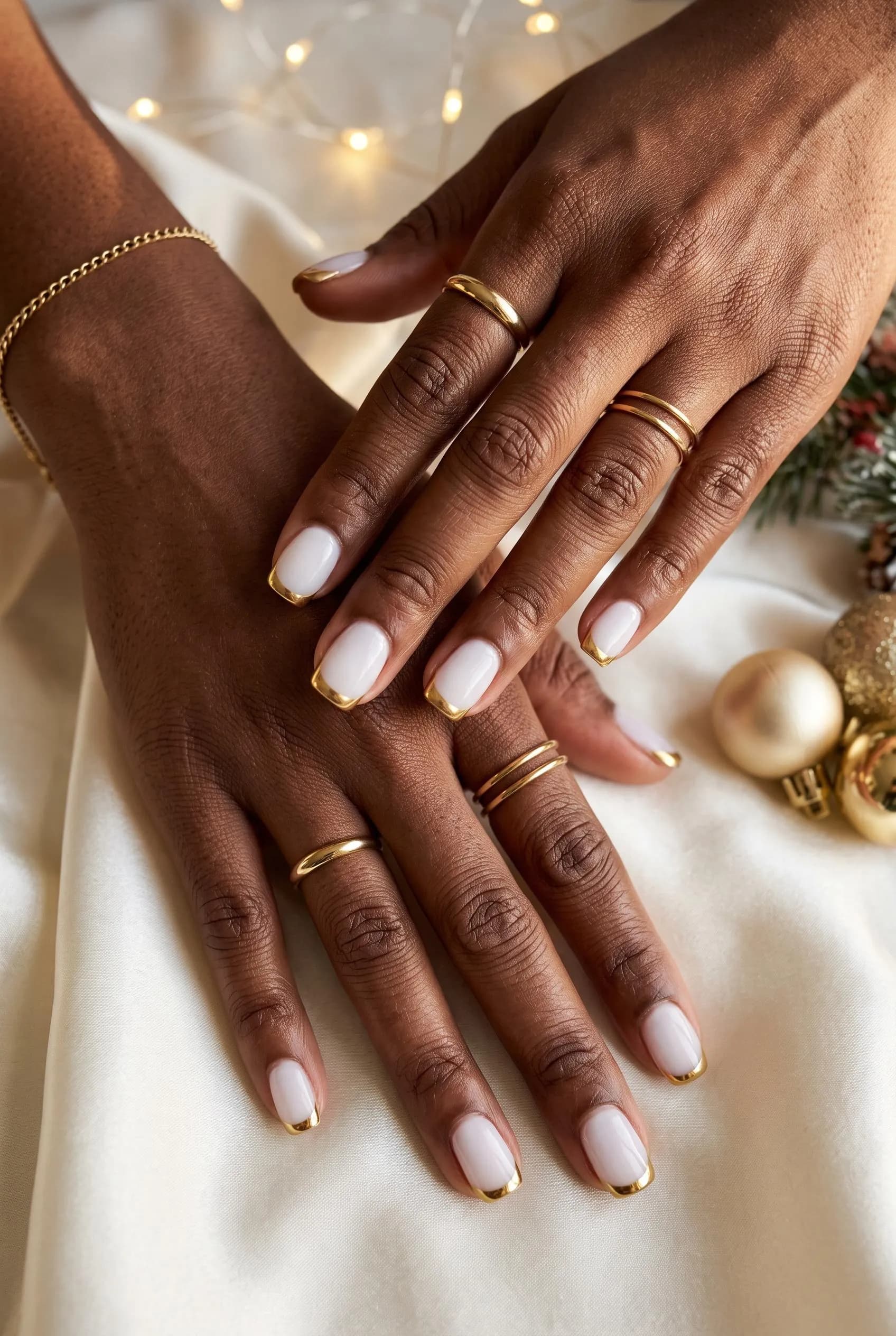 Short squoval nails with a milky base and gold chrome French tips on deep brown skin