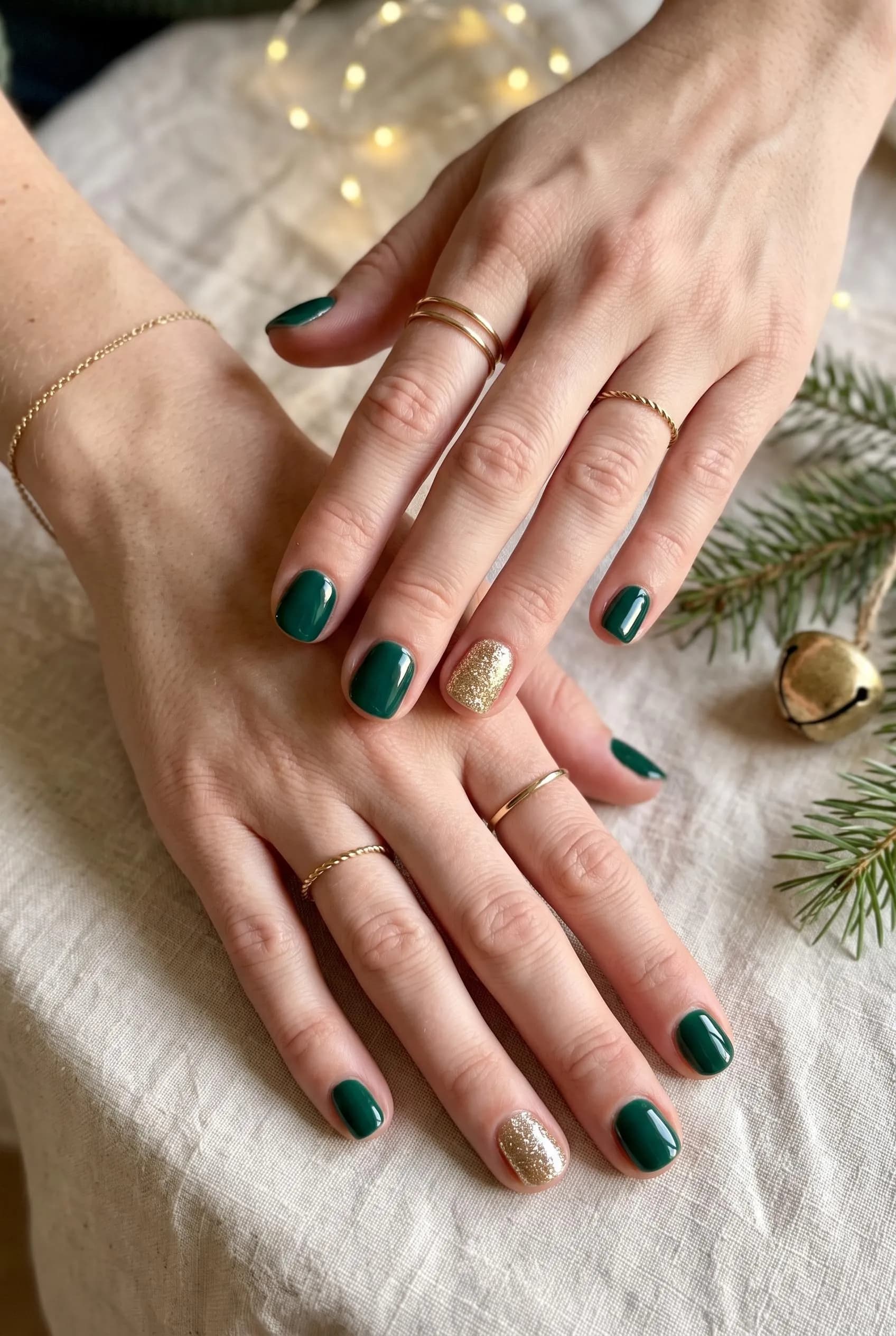 Short emerald green nails with gold glitter on the ring fingers among pine branches