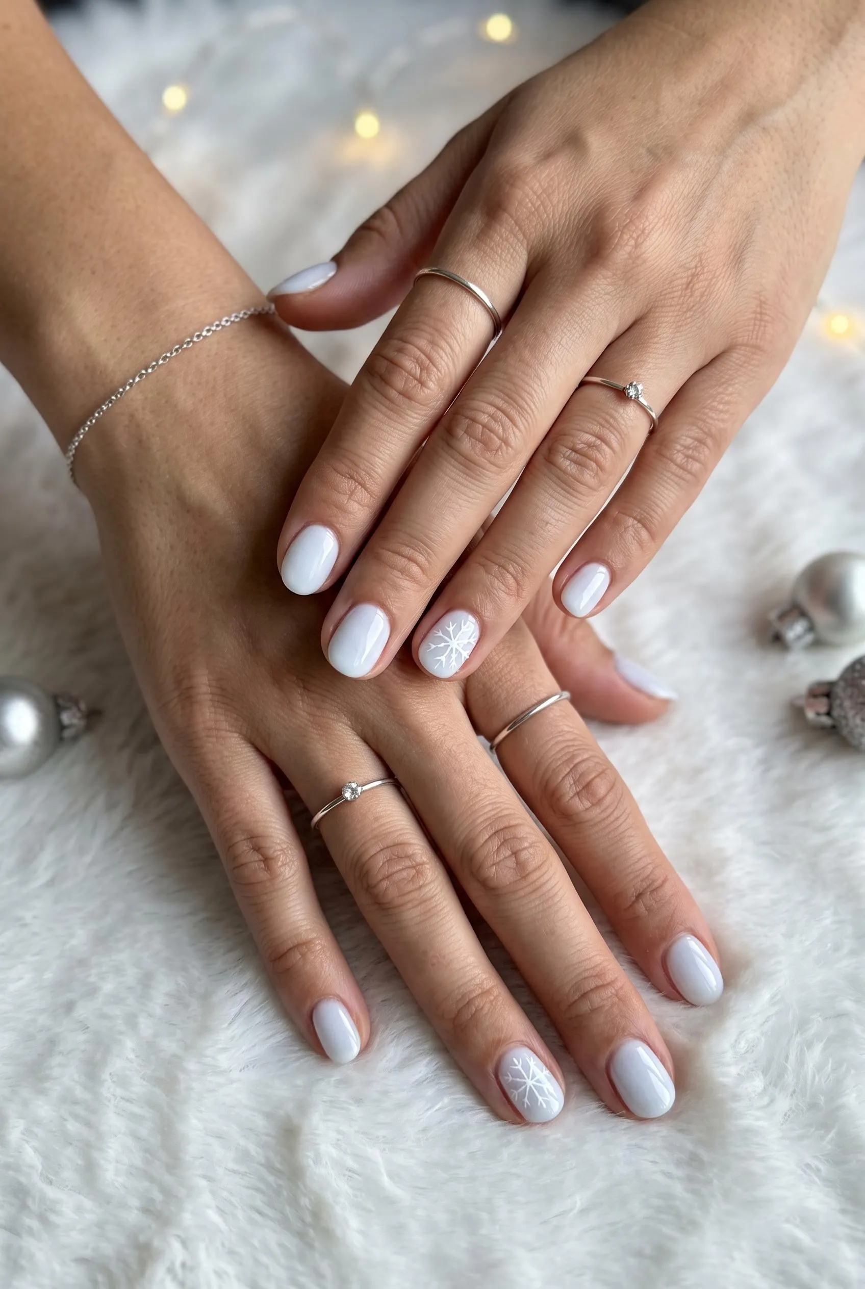 Short milky white nails with a tiny snowflake on the ring fingers