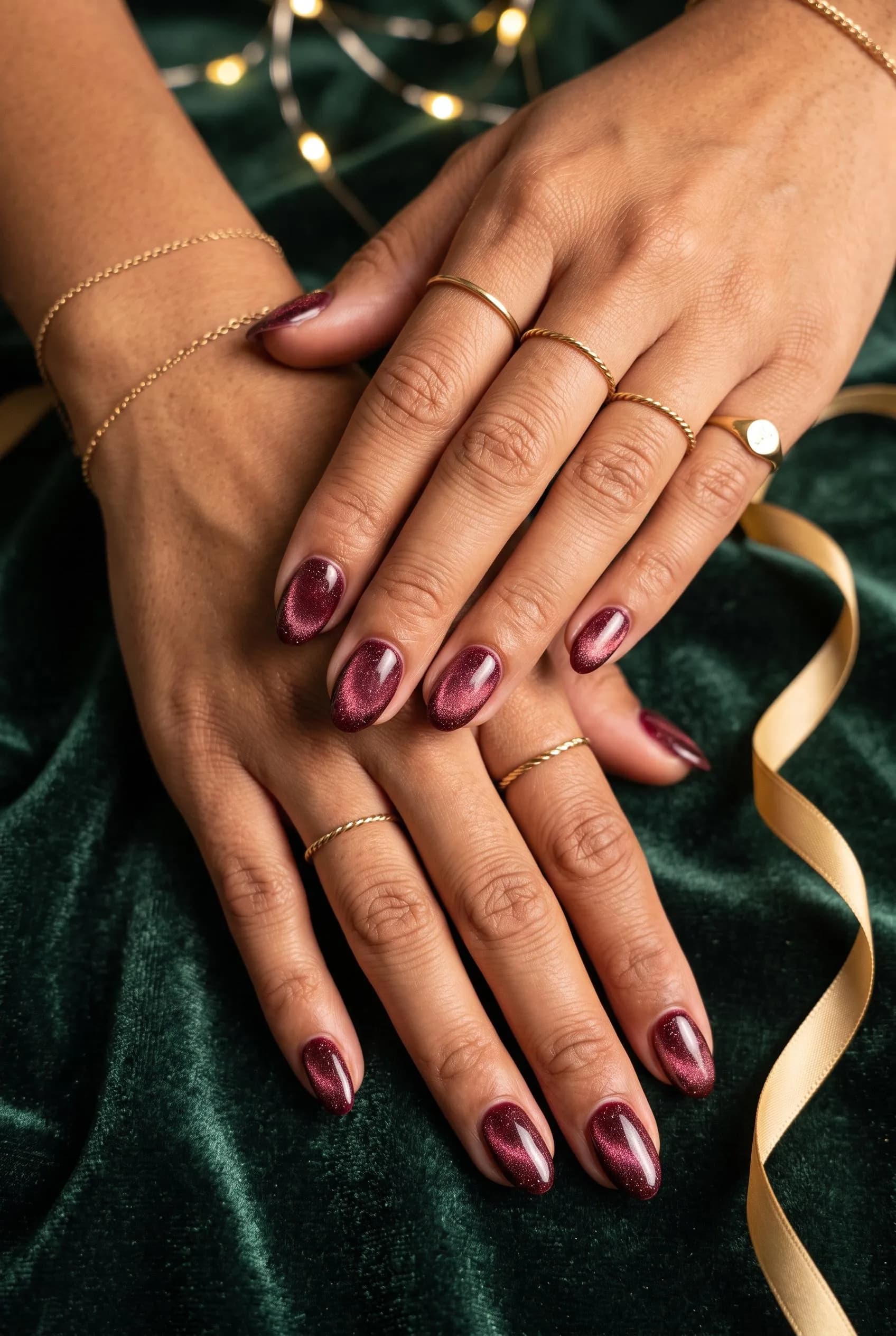 Short burgundy velvet cat eye nails on green velvet with a gold ribbon