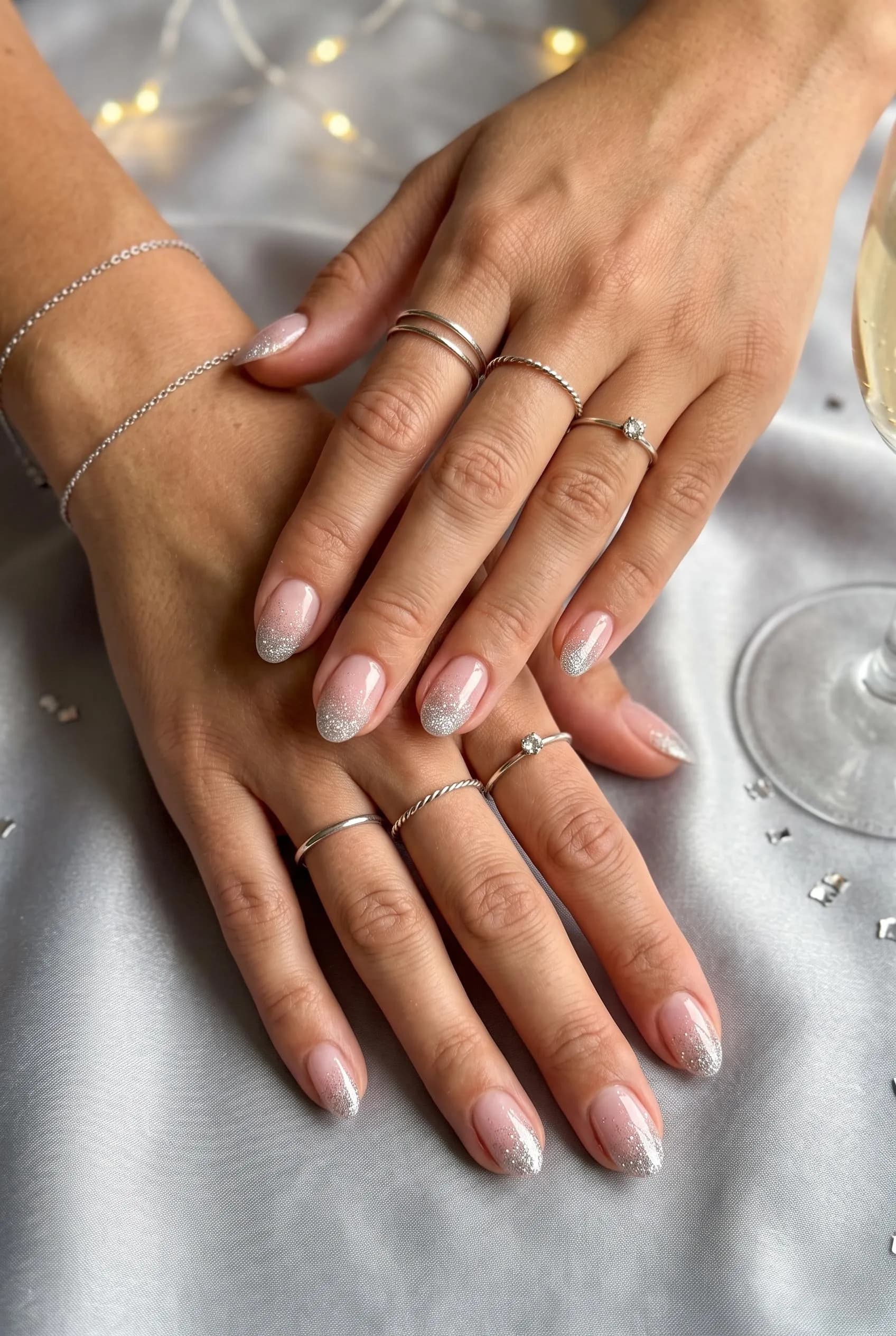 Short sheer pink nails with silver glitter fading from the tips
