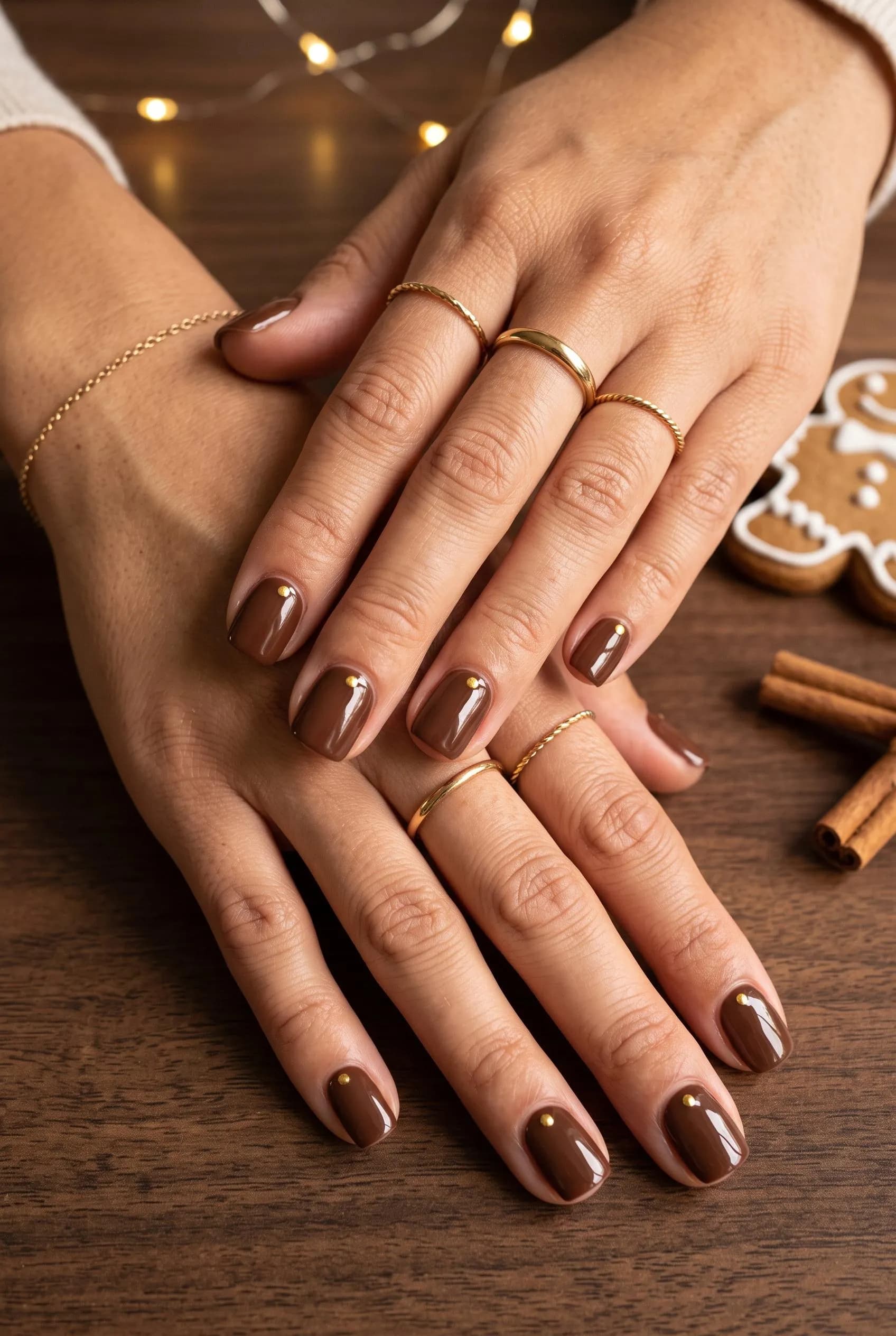 Short chocolate brown nails with a tiny gold dot at the base of each nail